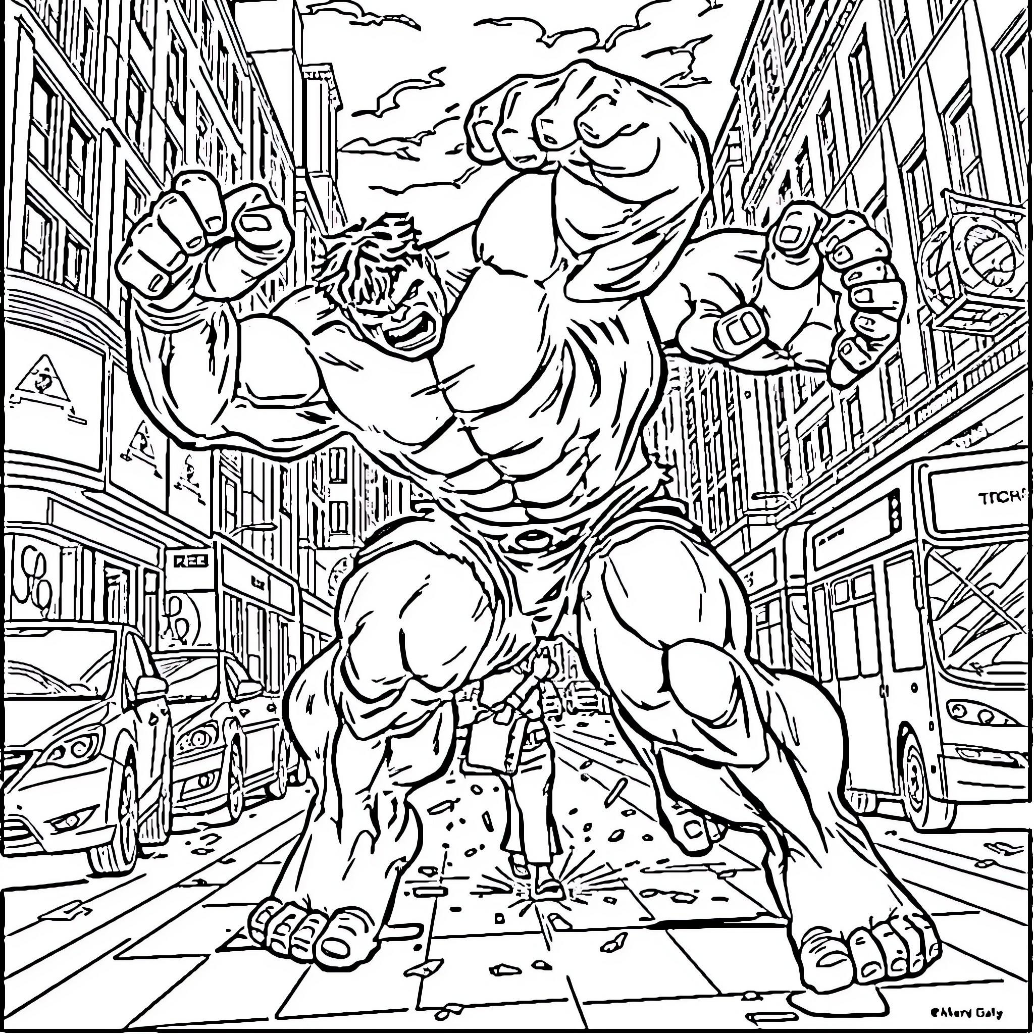 Hulk Rampaging Through the City Streets Coloring Page (free black-and-white line drawing printable PDF for all, from beginners to advanced learners, including children, teens, adults, and seniors)