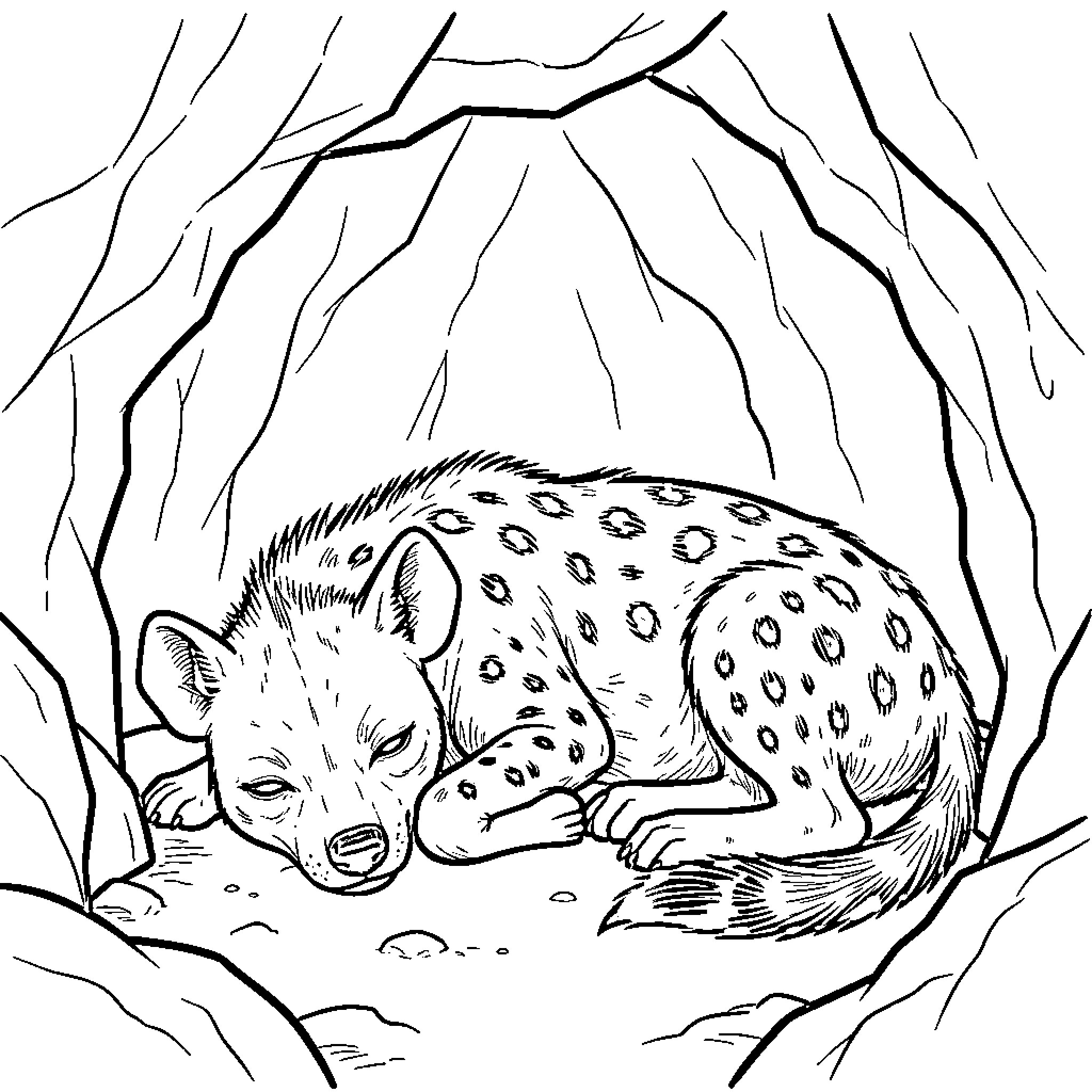 Hyena resting peacefully inside a rocky cave Coloring Page (free black-and-white line drawing printable PDF for all, from beginners to advanced learners, including children, teens, adults, and seniors)