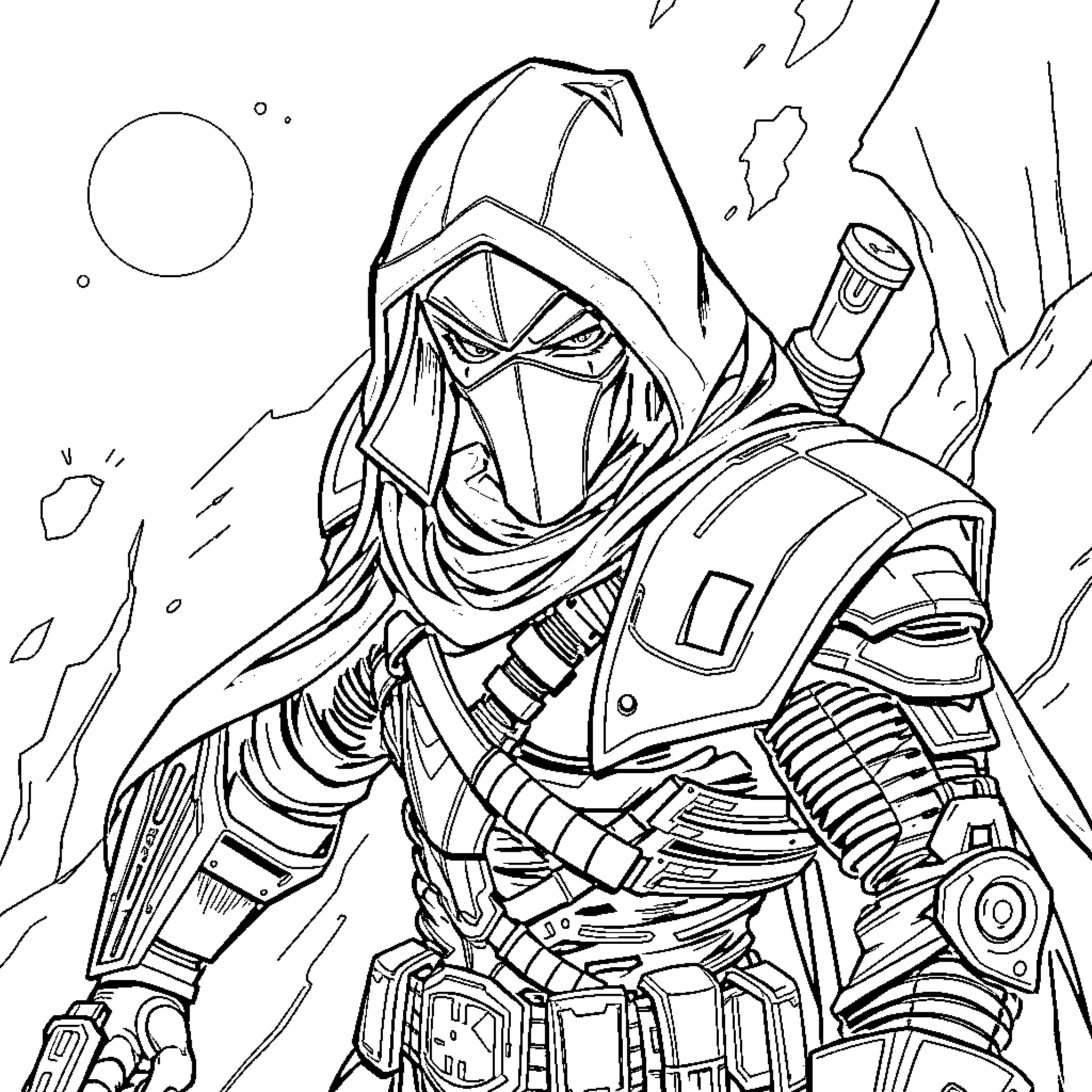 Red Hood Warrior in Futuristic Battle Gear Coloring Page (free black-and-white line drawing printable PDF for all, from beginners to advanced learners, including children, teens, adults, and seniors)