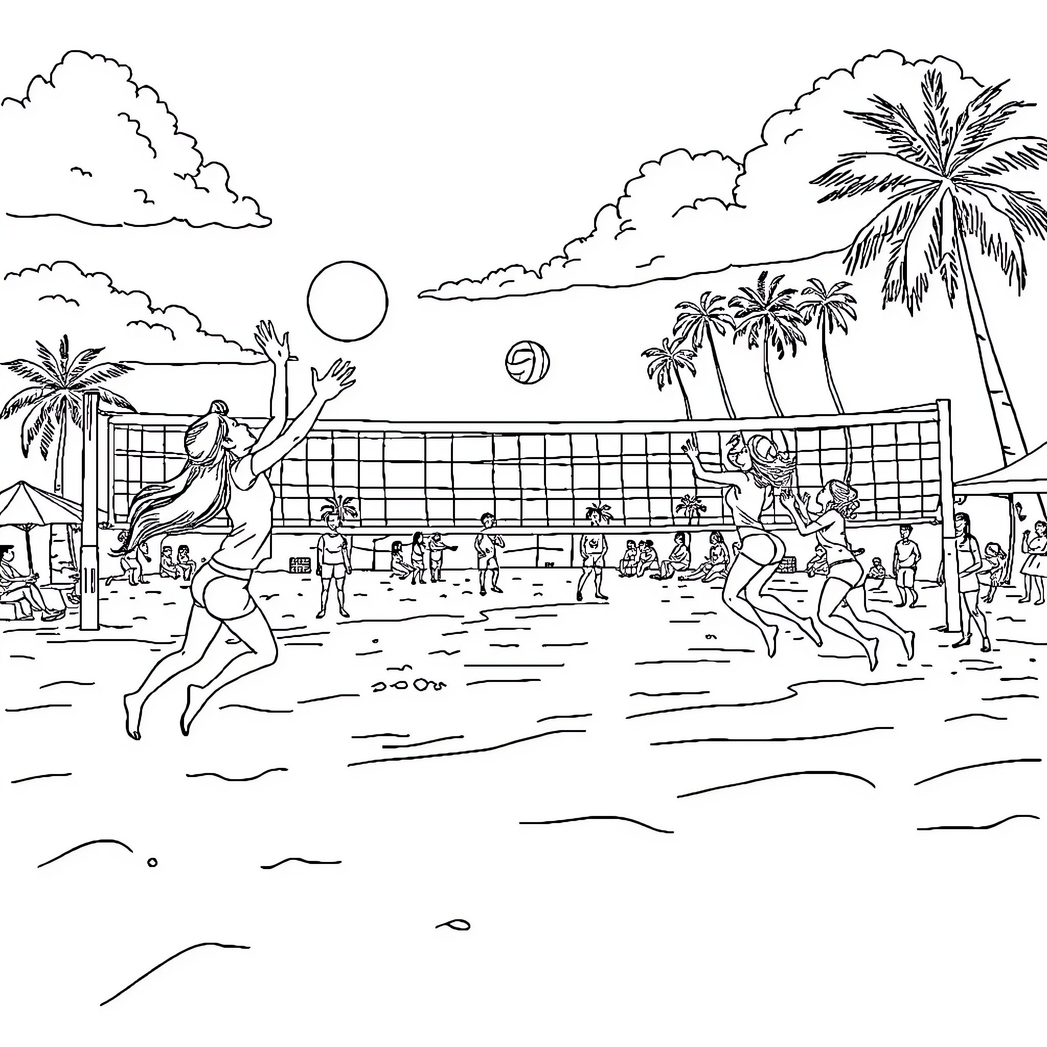 Volleyball players enjoying a sunny beach day Coloring Page (free black-and-white line drawing printable PDF for all, from beginners to advanced learners, including children, teens, adults, and seniors)