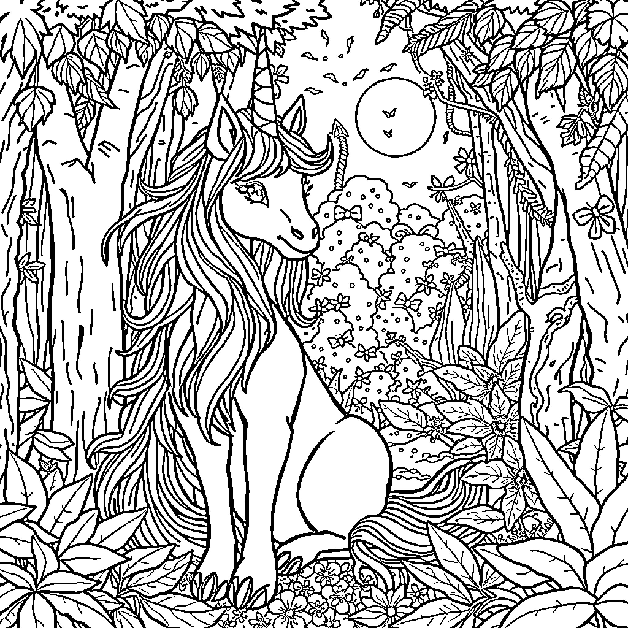 Unicorn in Enchanted Forest Coloring Page (free black-and-white line drawing printable PDF for all, from beginners to advanced learners, including children, teens, adults, and seniors)