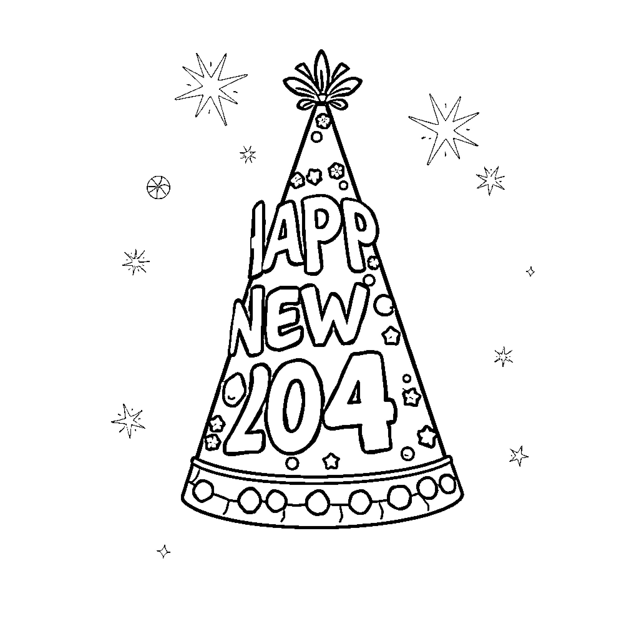 Party Hat Celebrating New Year 2024 Coloring Page (free black-and-white line drawing printable PDF for all, from beginners to advanced learners, including children, teens, adults, and seniors)