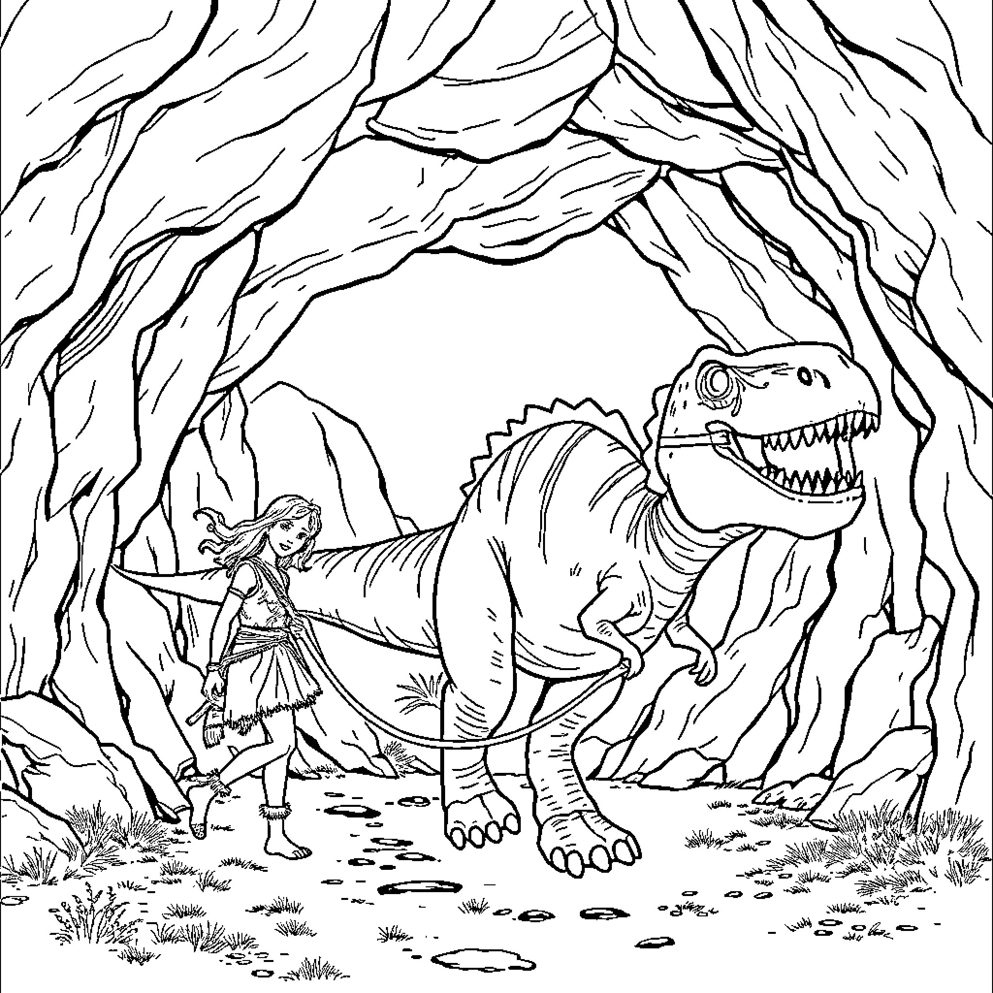 Cave Girl Exploring Prehistoric Cave with Dinosaur Coloring Page (free black-and-white line drawing printable PDF for all, from beginners to advanced learners, including children, teens, adults, and seniors)