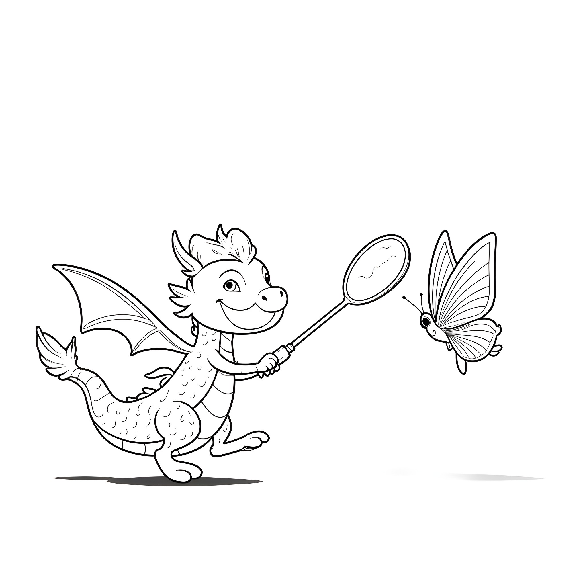 Dragon chasing a butterfly with a net Coloring Page (free black-and-white line drawing printable PDF for all, from beginners to advanced learners, including children, teens, adults, and seniors)
