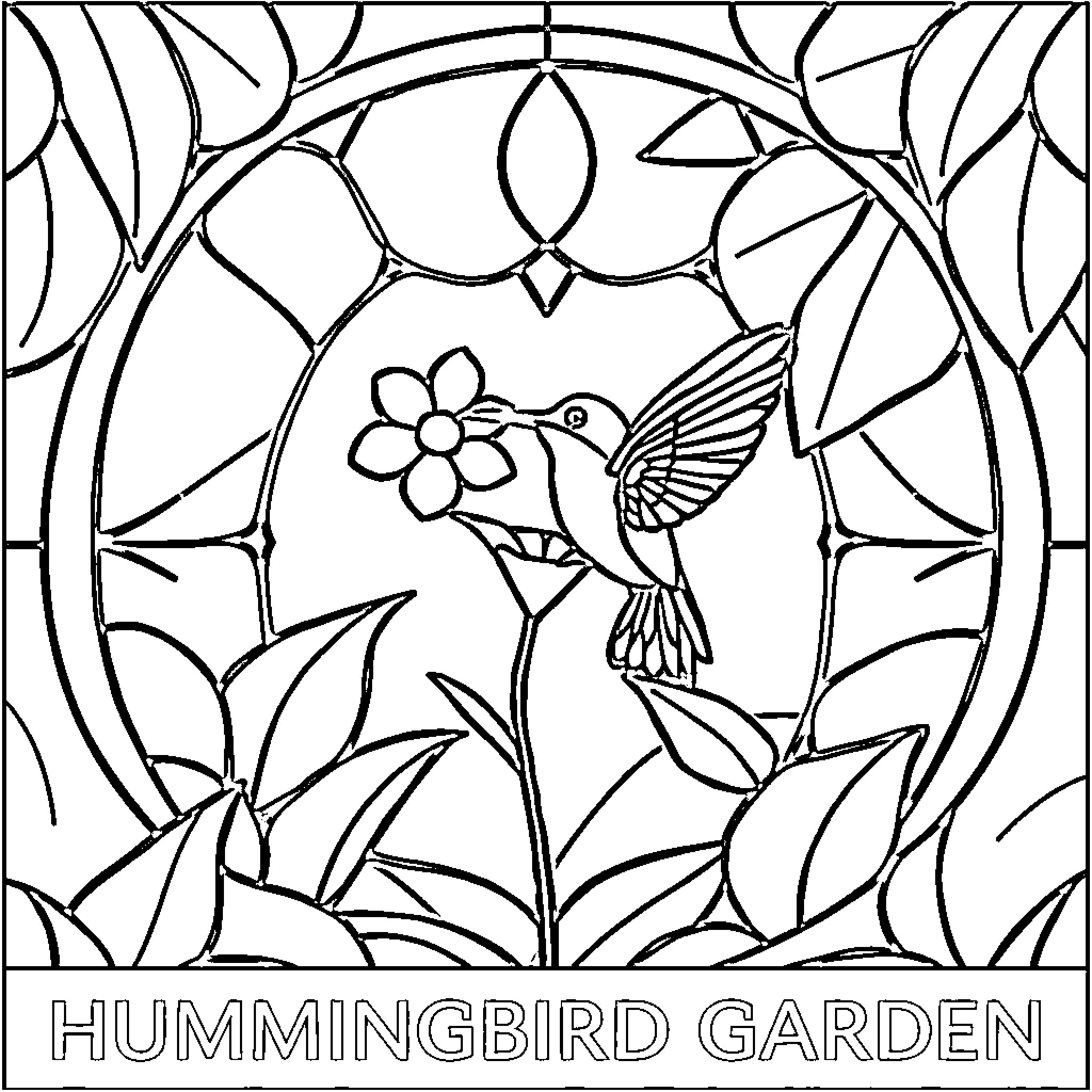 Hummingbird enjoying floral display in garden Coloring Page (free black-and-white line drawing printable PDF for all, from beginners to advanced learners, including children, teens, adults, and seniors)