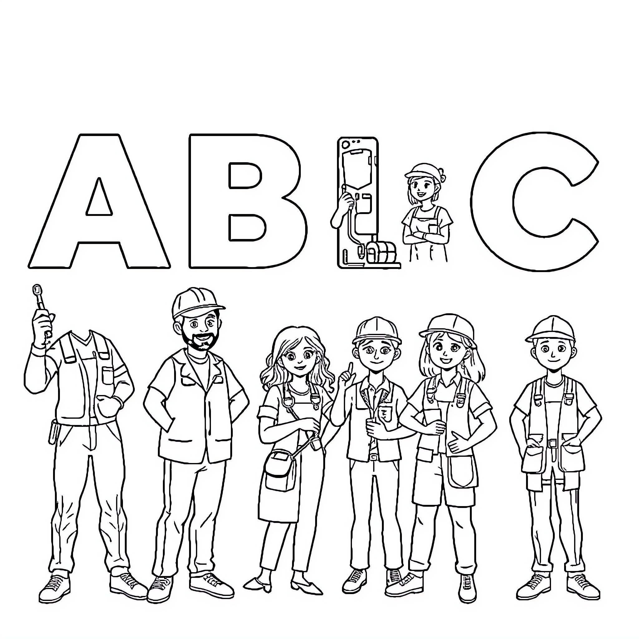 ABC Diverse Workers in Various Professions Coloring Page (free black-and-white line drawing printable PDF for all, from beginners to advanced learners, including children, teens, adults, and seniors)