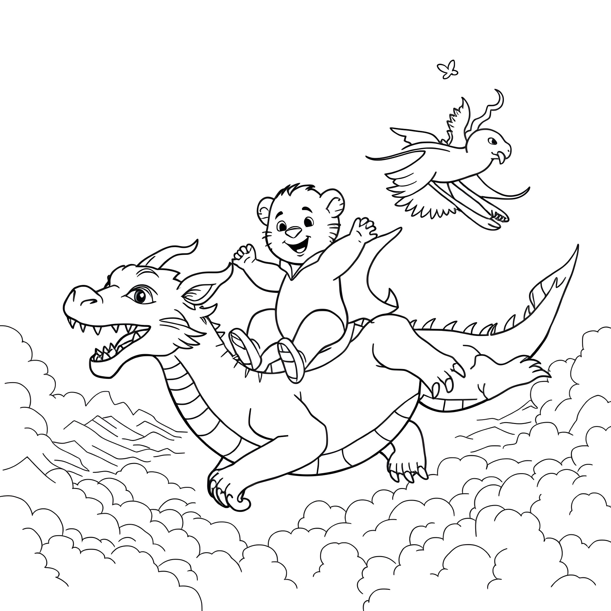 Daniel Tiger riding a playful dragon with a bird flying alongside Coloring Page (free black-and-white line drawing printable PDF for all, from beginners to advanced learners, including children, teens, adults, and seniors)