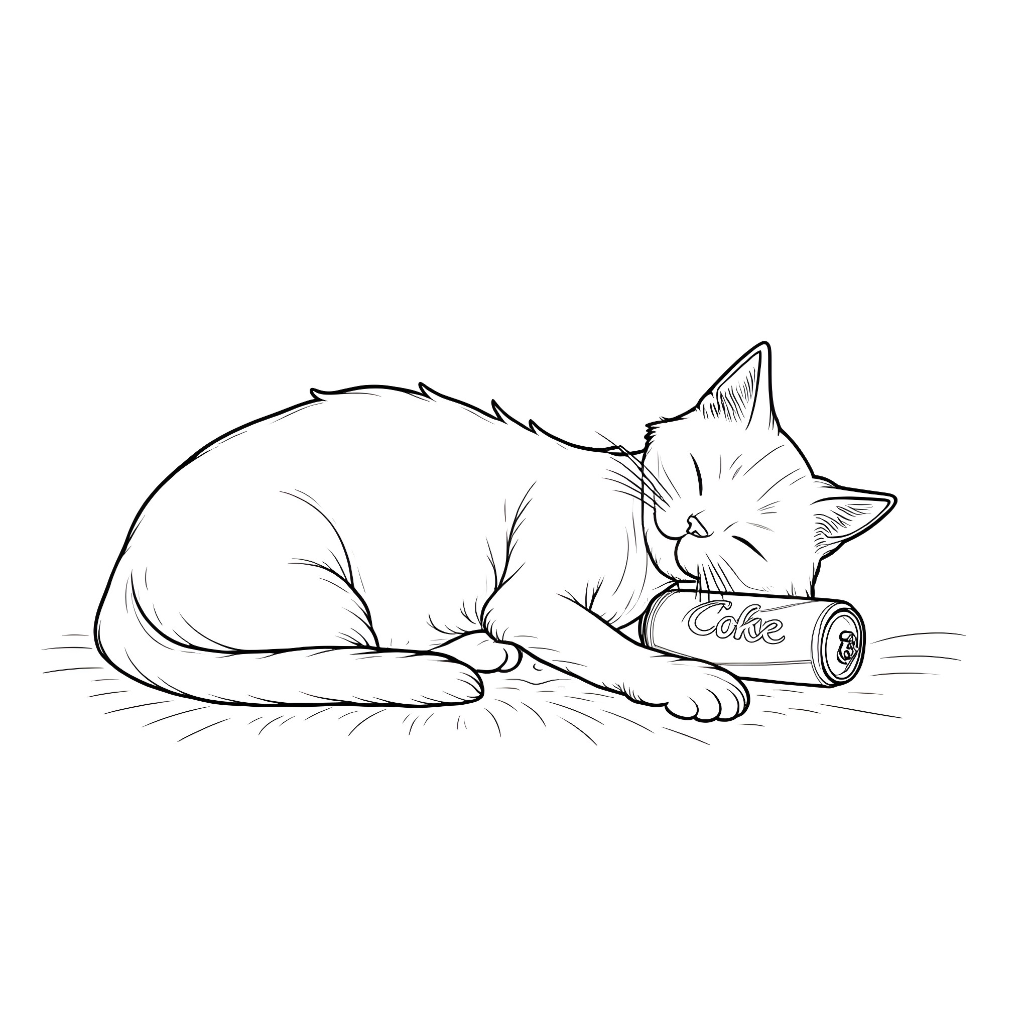 Cat sleeping peacefully with a can Coloring Page (free black-and-white line drawing printable PDF for all, from beginners to advanced learners, including children, teens, adults, and seniors)