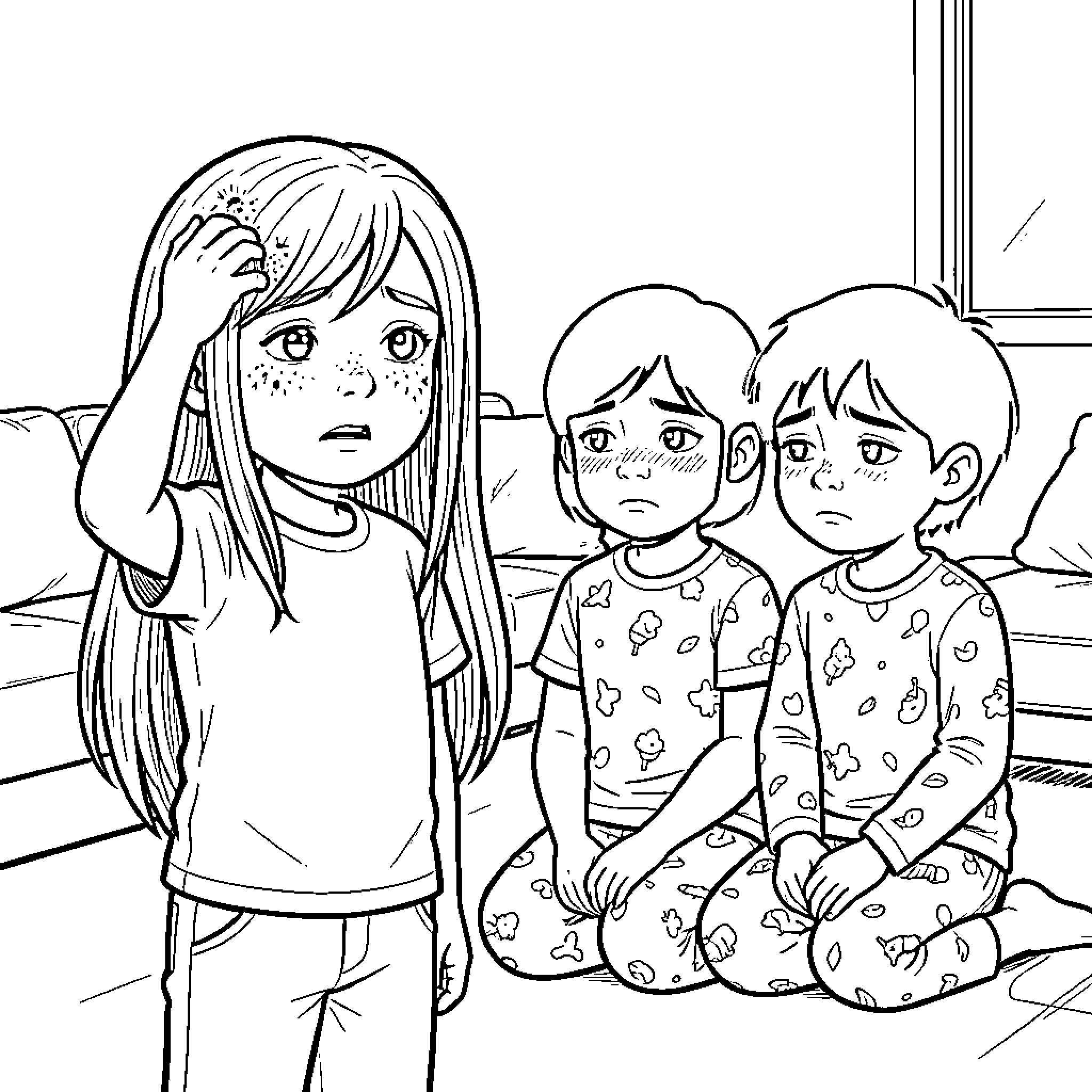 Enfant looking worried while others watch sadly Coloring Page (free black-and-white line drawing printable PDF for all, from beginners to advanced learners, including children, teens, adults, and seniors)