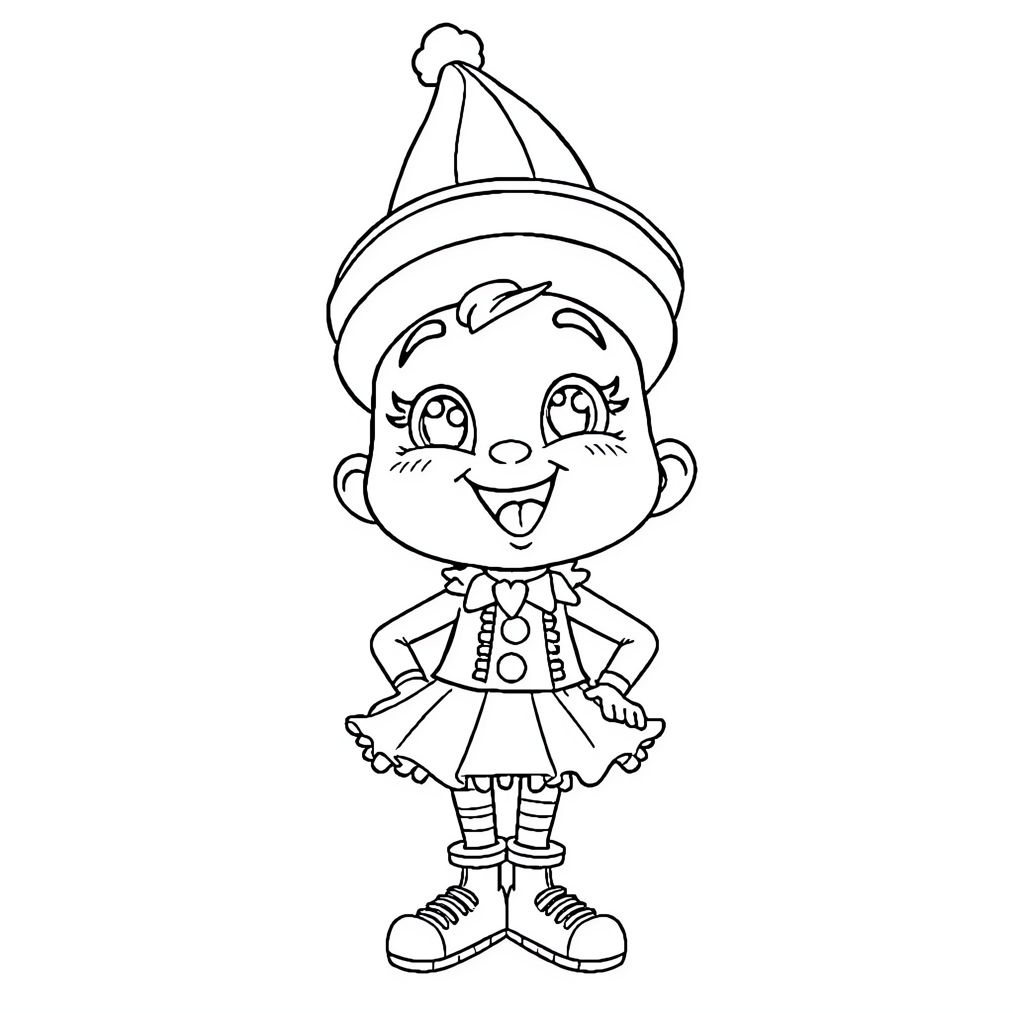 Carnival Elf Delightfully Celebrates Coloring Page (free black-and-white line drawing printable PDF for all, from beginners to advanced learners, including children, teens, adults, and seniors)