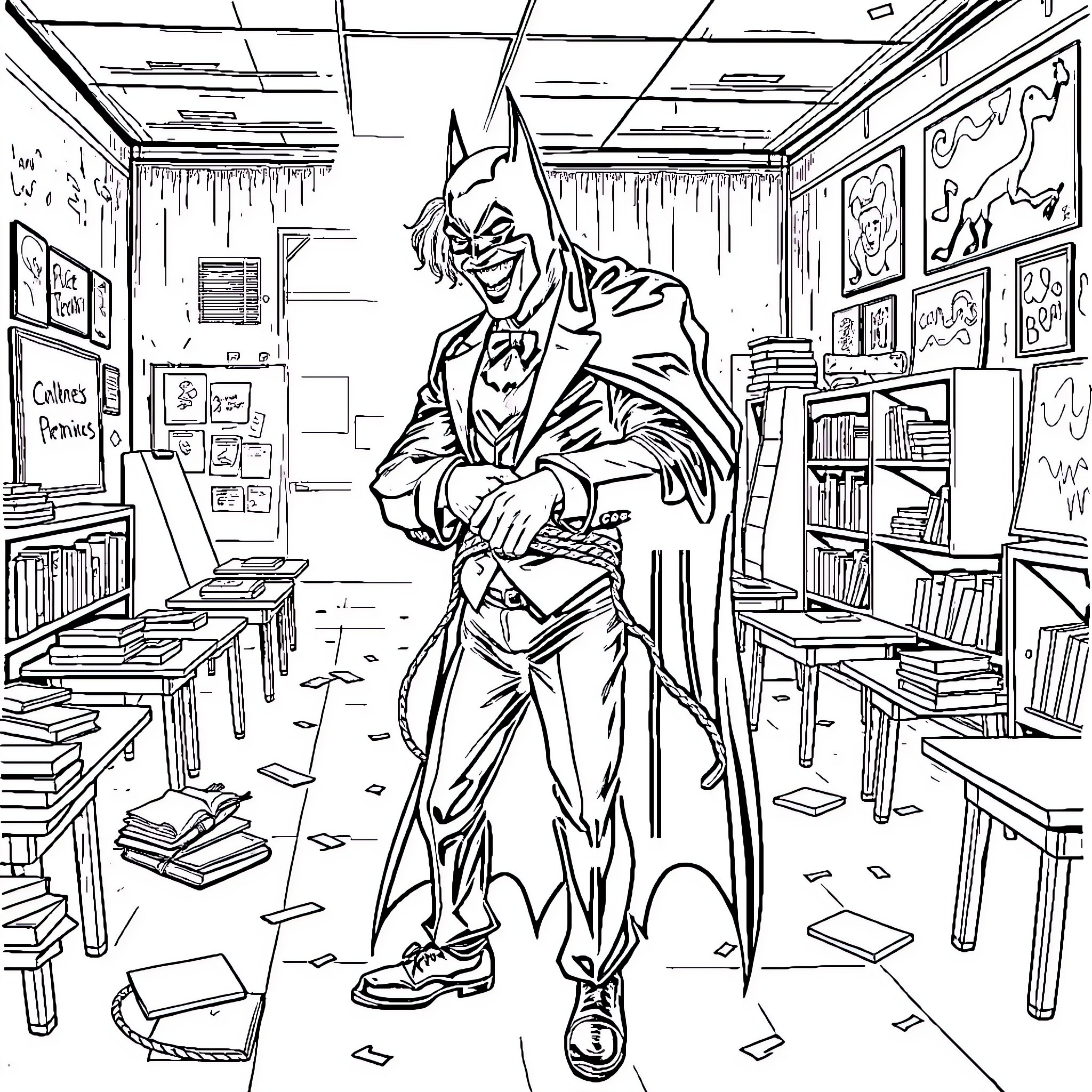 Joker's Mischievous Antics in the Classroom Coloring Page (free black-and-white line drawing printable PDF for all, from beginners to advanced learners, including children, teens, adults, and seniors)