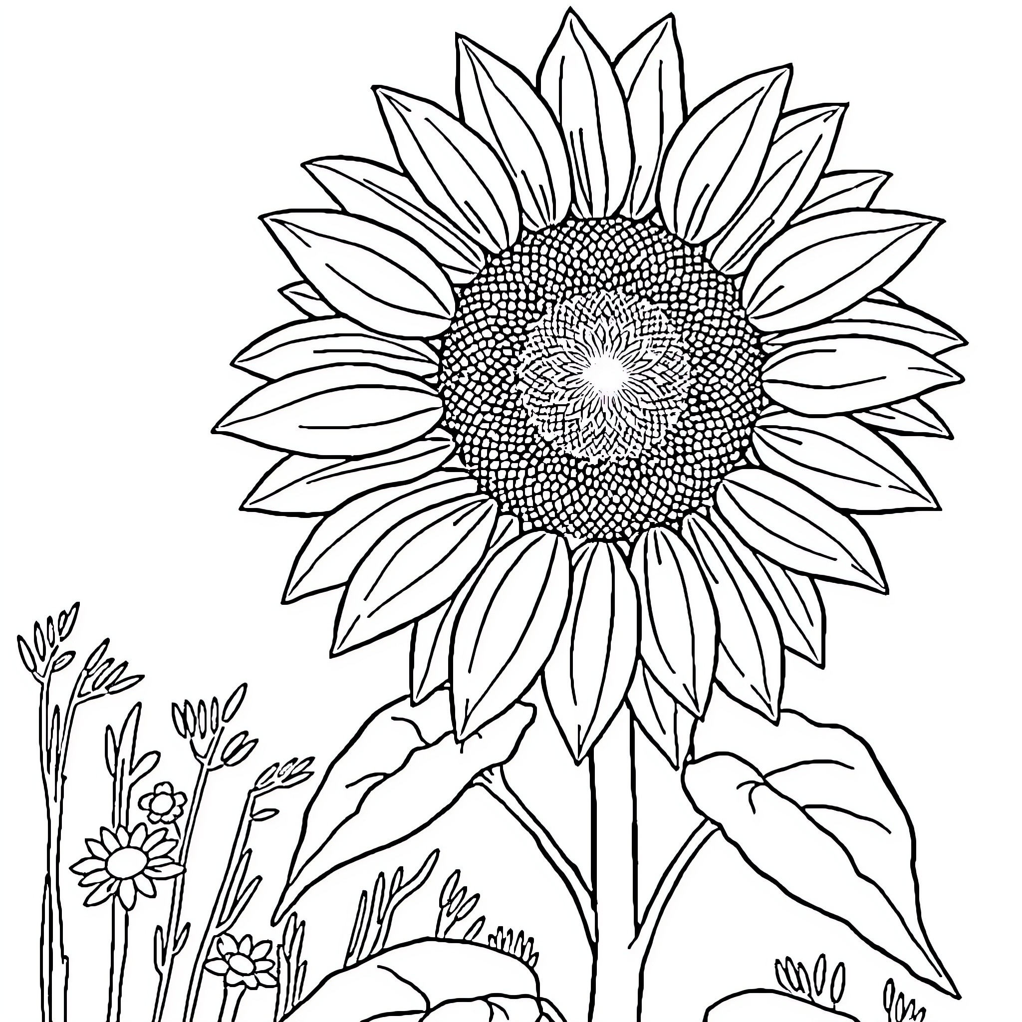 Sunflower in Serene Floral Landscape Coloring Page (free black-and-white line drawing printable PDF for all, from beginners to advanced learners, including children, teens, adults, and seniors)