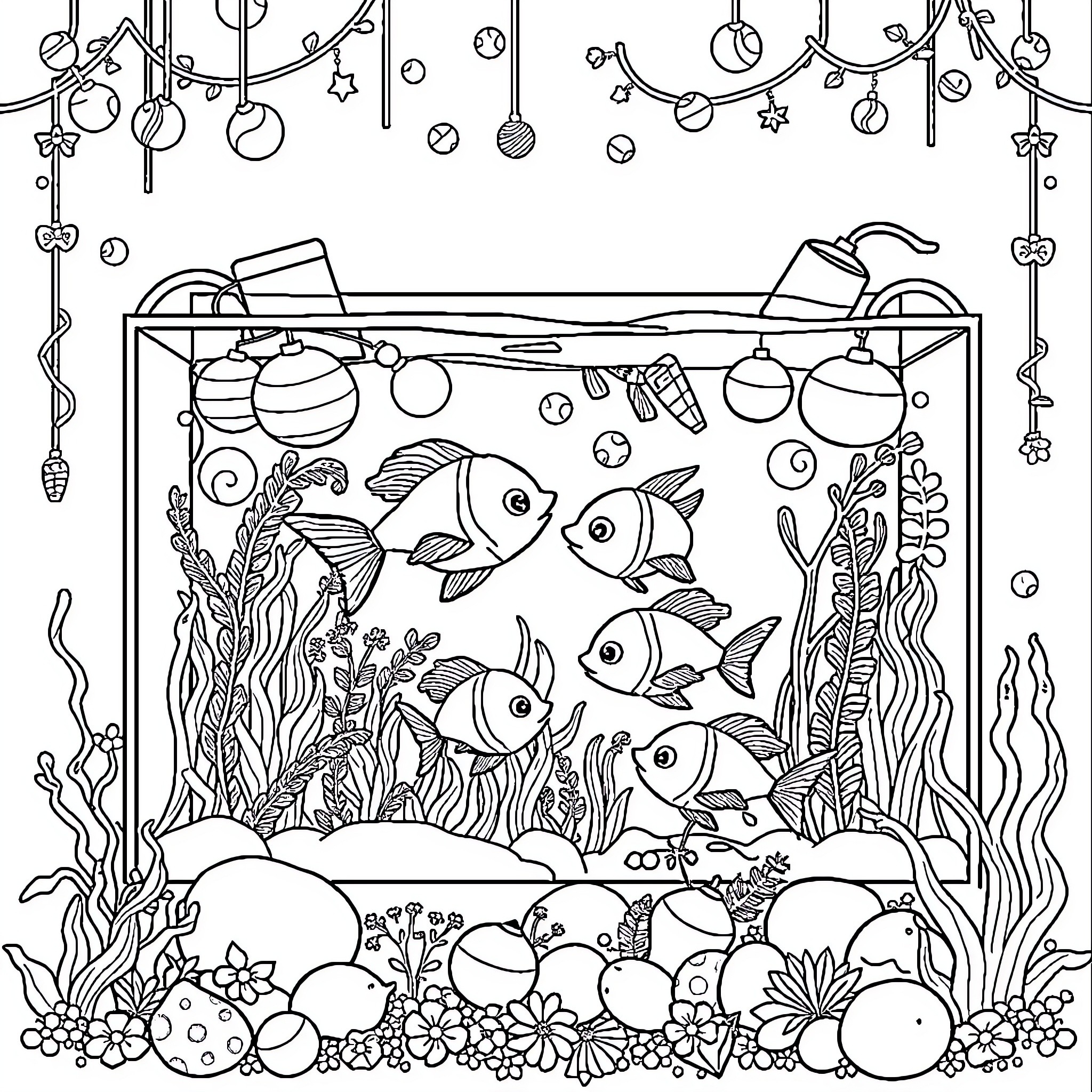 Aquarium with Playful Fish and Underwater Decor Coloring Page (free black-and-white line drawing printable PDF for all, from beginners to advanced learners, including children, teens, adults, and seniors)