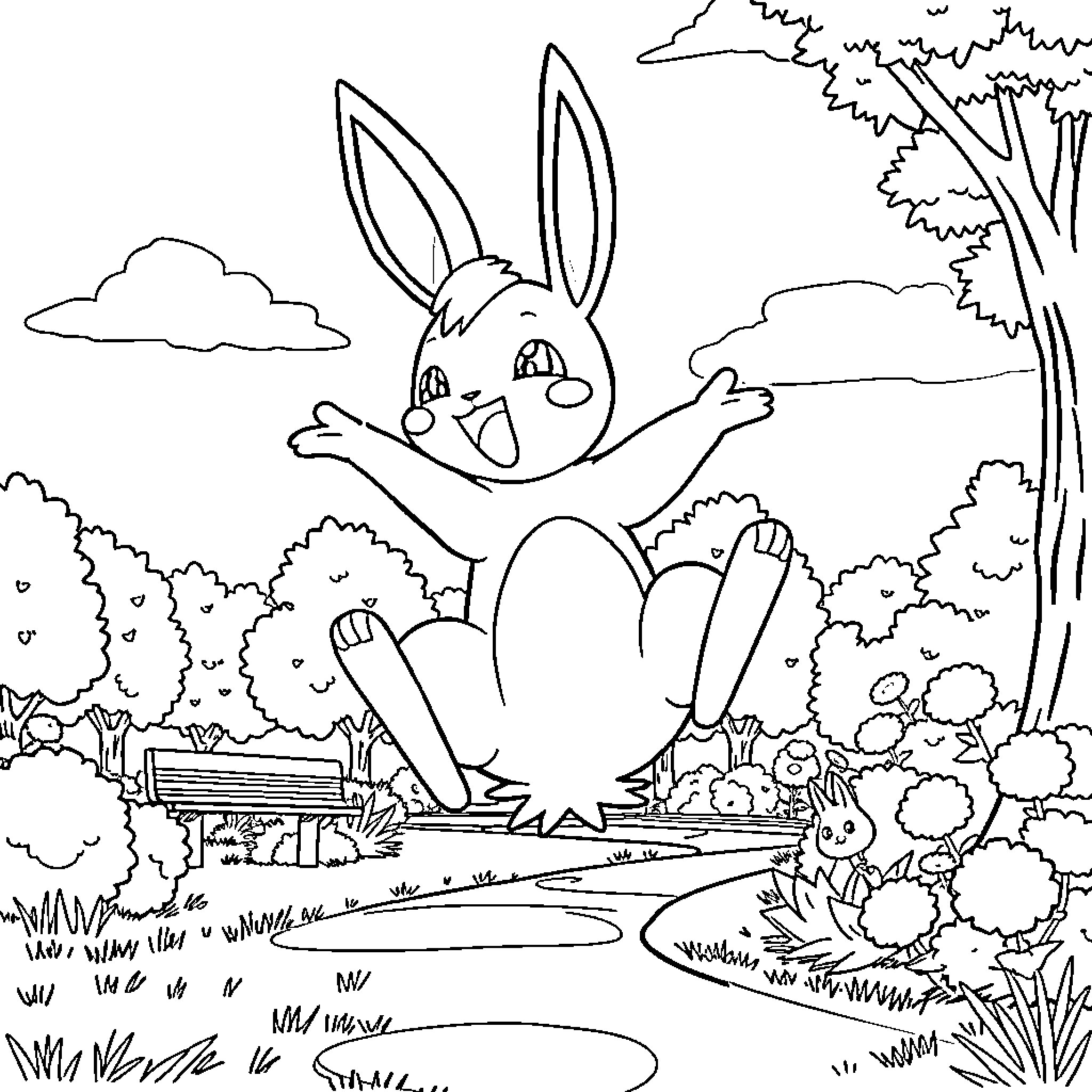 Scorbunny playing happily in the forest Coloring Page (free black-and-white line drawing printable PDF for all, from beginners to advanced learners, including children, teens, adults, and seniors)