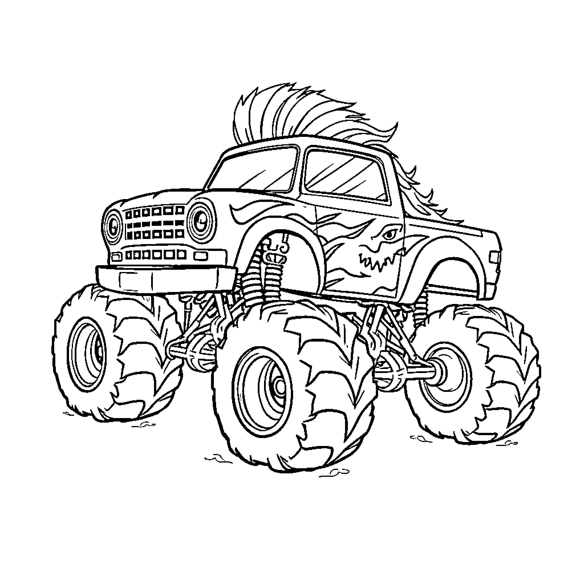 Monster Truck Jumping Over Obstacles Coloring Page (free black-and-white line drawing printable PDF for all, from beginners to advanced learners, including children, teens, adults, and seniors)