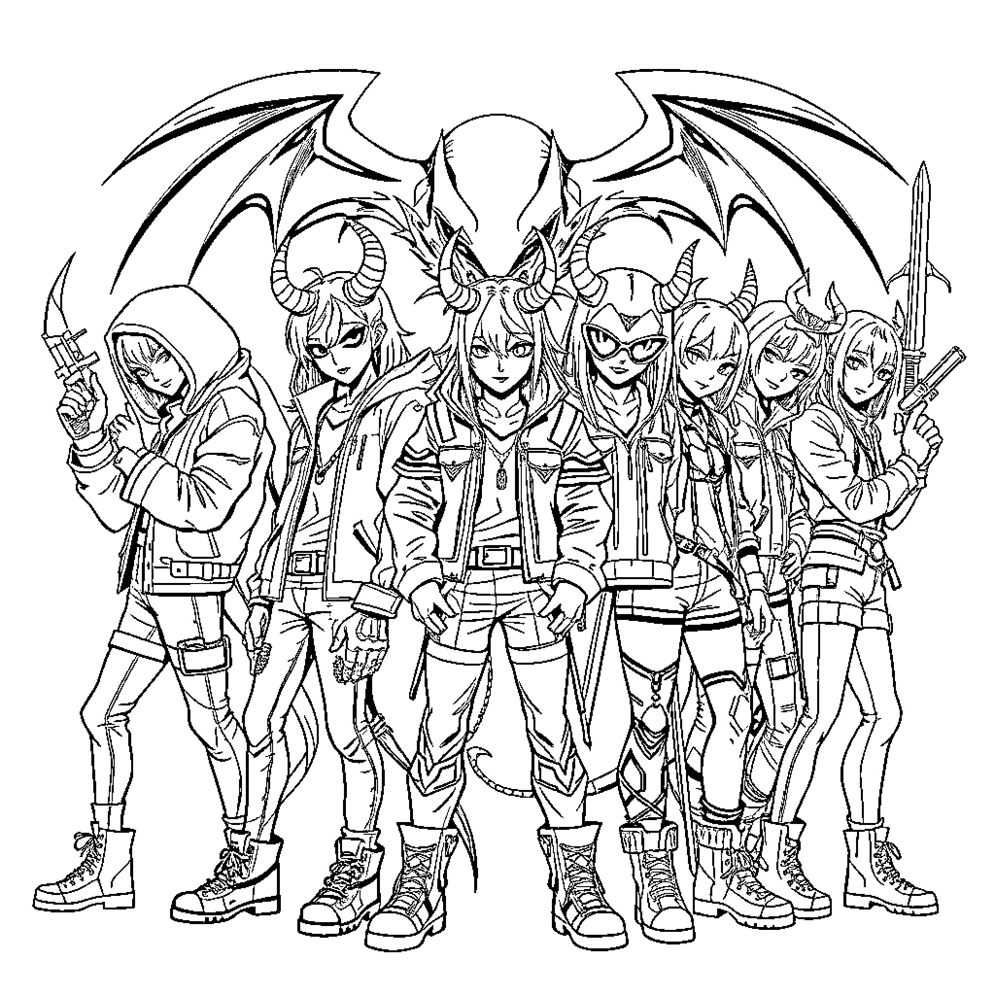 Demon Hunter: Fearsome Fighters in Fierce Formation Coloring Page (free black-and-white line drawing printable PDF for all, from beginners to advanced learners, including children, teens, adults, and seniors)