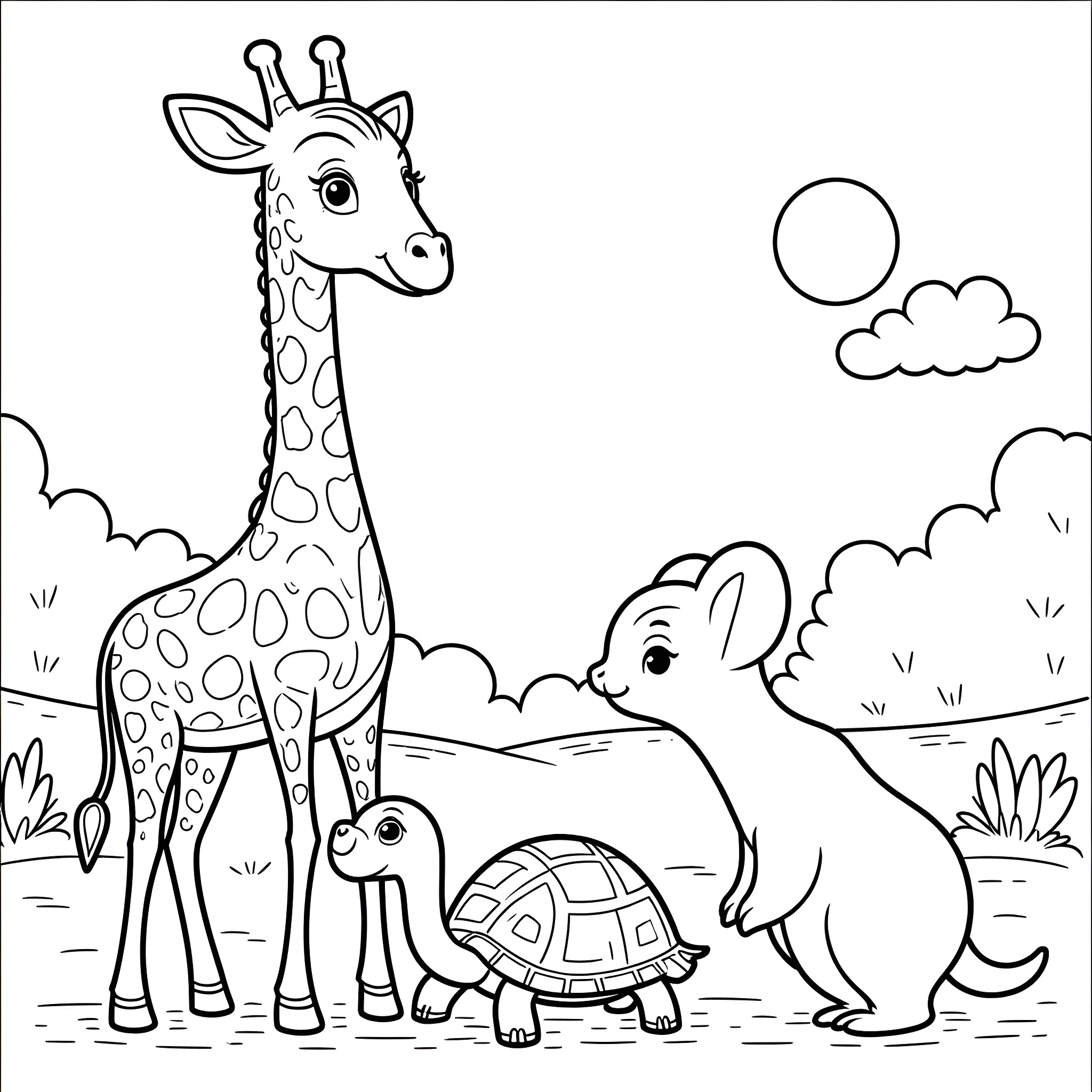 Giraffe, elephant, and turtle enjoying the outdoors Coloring Page (free black-and-white line drawing printable PDF for all, from beginners to advanced learners, including children, teens, adults, and seniors)