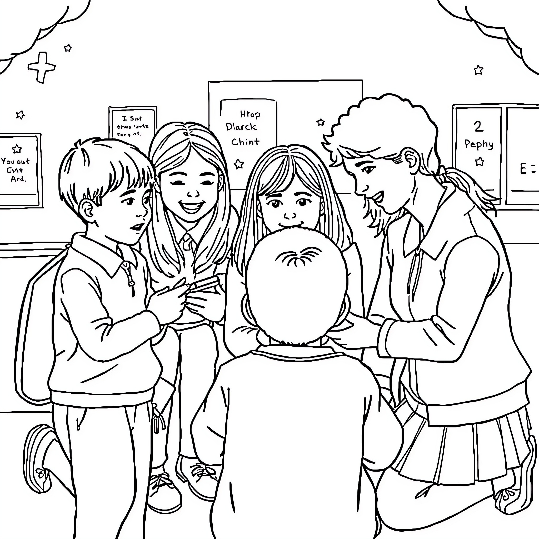 Pastoral Team Gathering in Classroom Setting Coloring Page (free black-and-white line drawing printable PDF for all, from beginners to advanced learners, including children, teens, adults, and seniors)