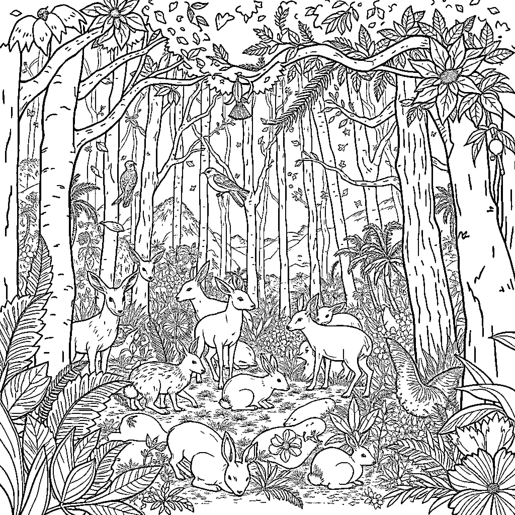 Animal Sanctuary in the Lush Jungle Coloring Page (free black-and-white line drawing printable PDF for all, from beginners to advanced learners, including children, teens, adults, and seniors)