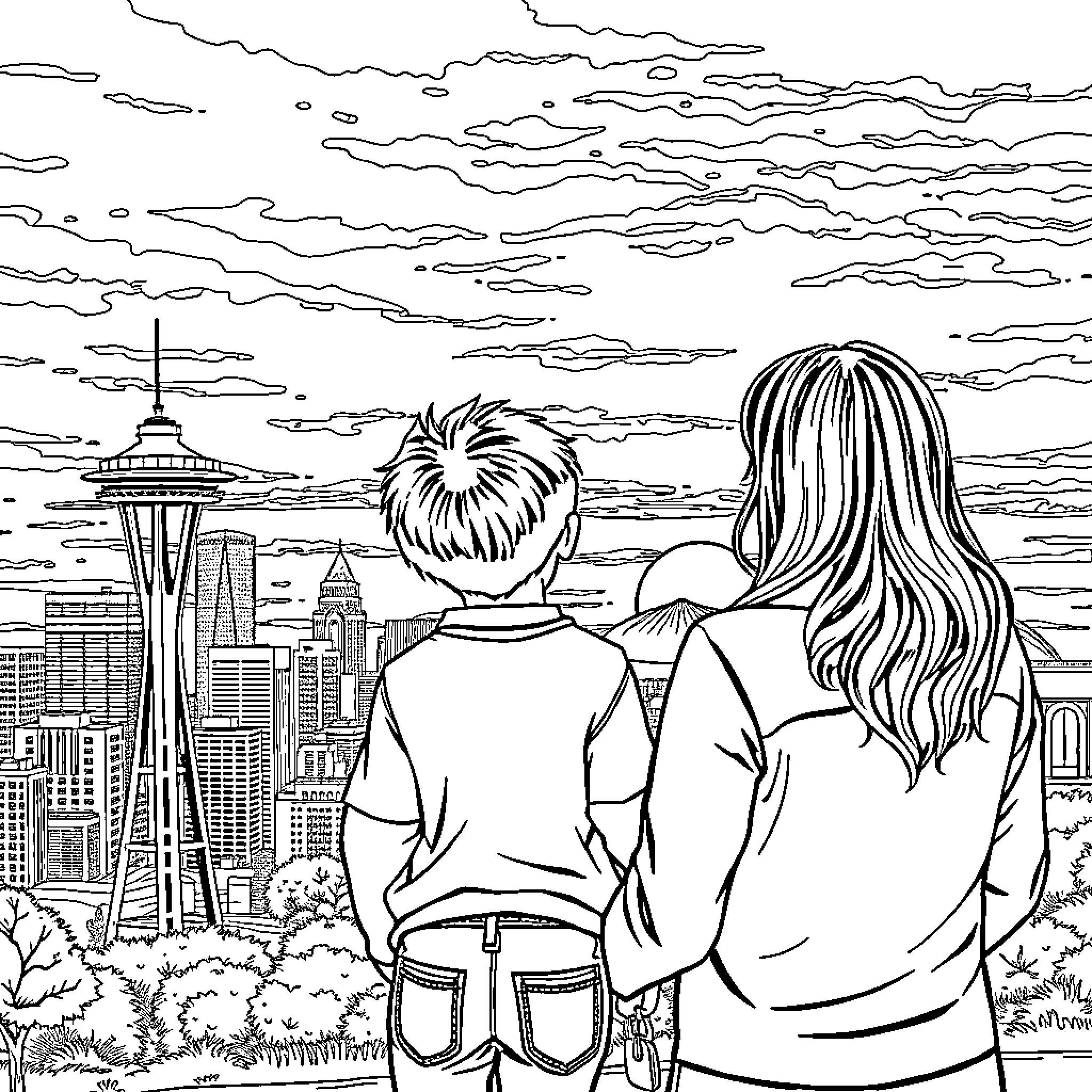 Mom and Child Admiring the City Skyline Coloring Page (free black-and-white line drawing printable PDF for all, from beginners to advanced learners, including children, teens, adults, and seniors)