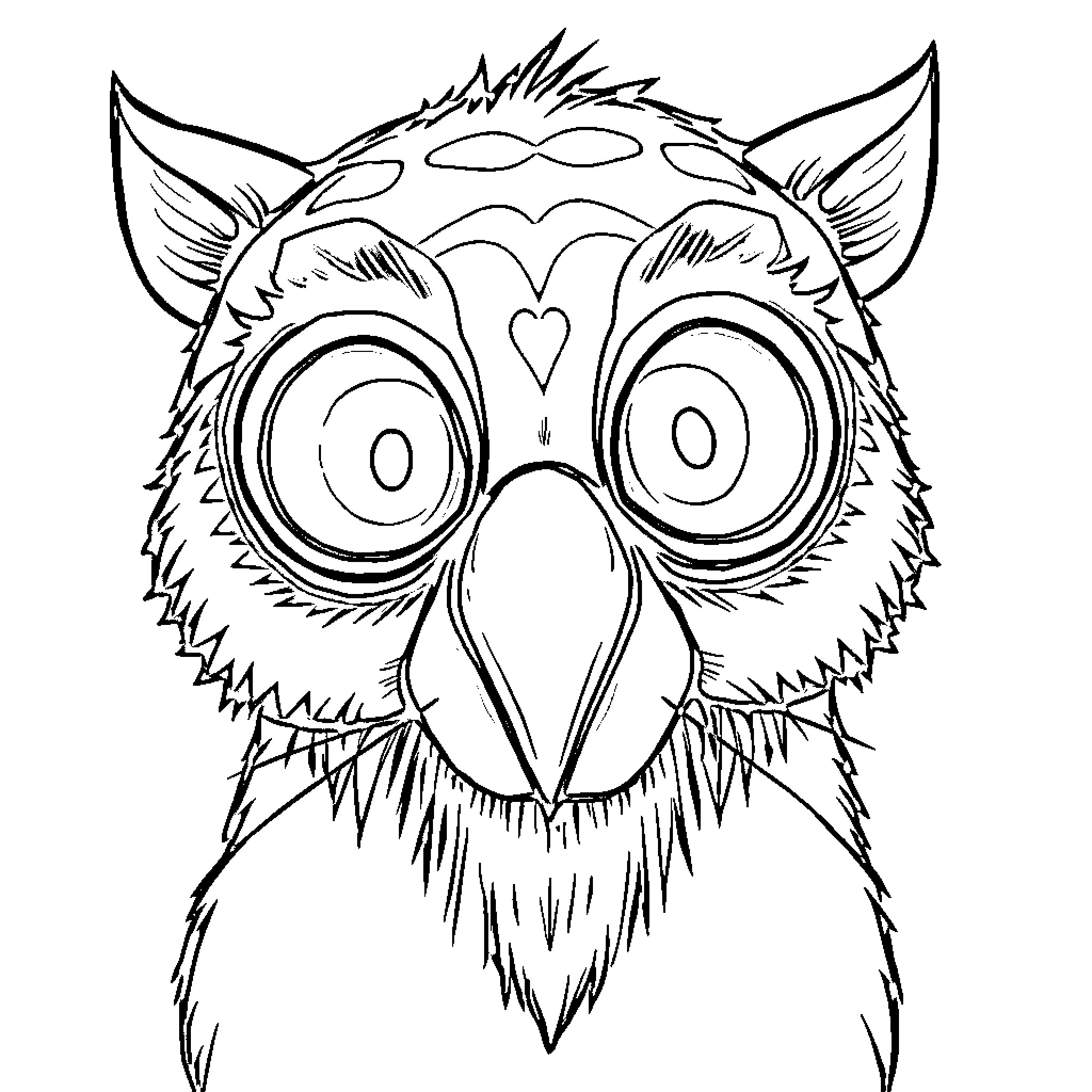 Terrorific Puppet Owl with Menacing Expression Coloring Page (free black-and-white line drawing printable PDF for all, from beginners to advanced learners, including children, teens, adults, and seniors)