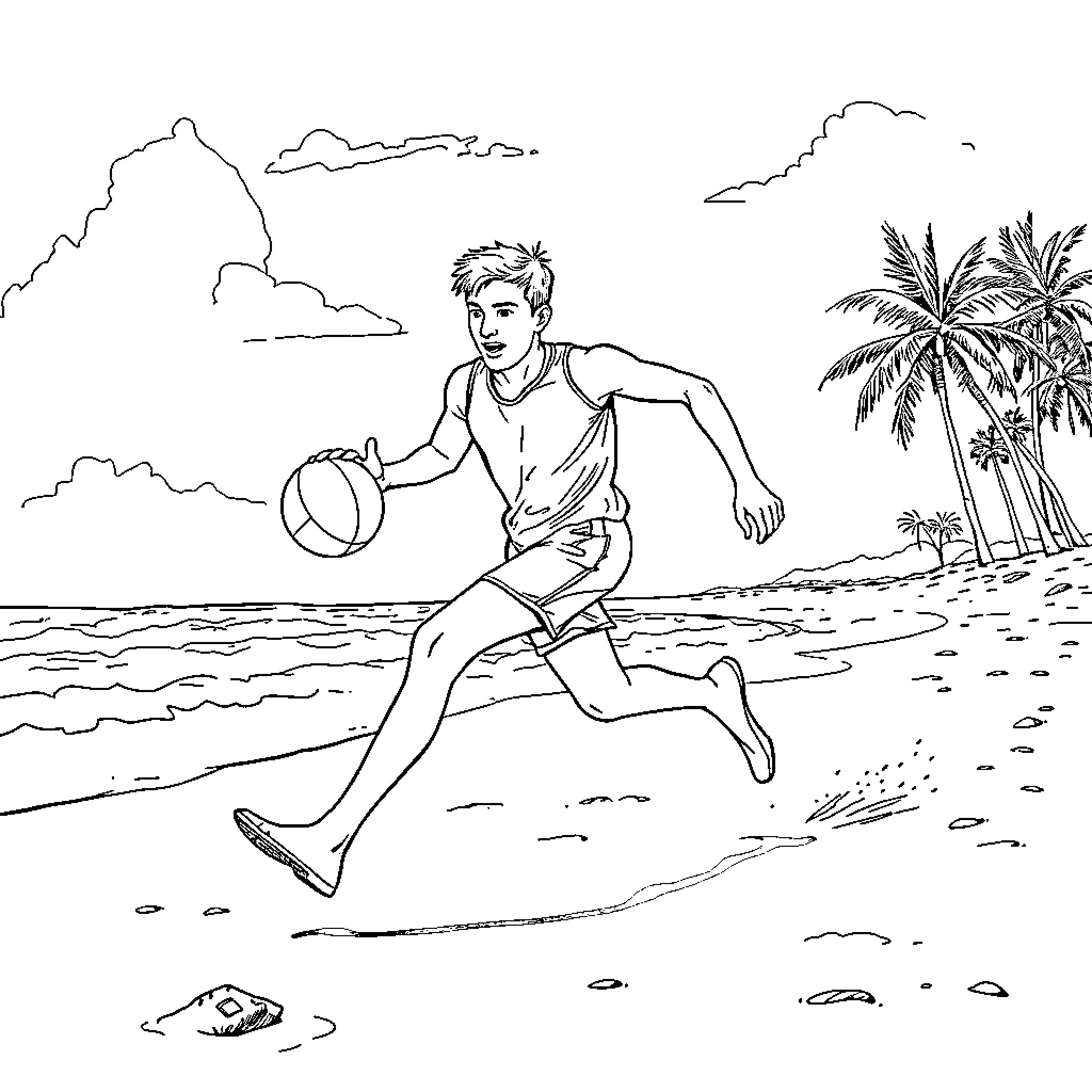 Handballer playing beach volleyball on sunny day Coloring Page (free black-and-white line drawing printable PDF for all, from beginners to advanced learners, including children, teens, adults, and seniors)