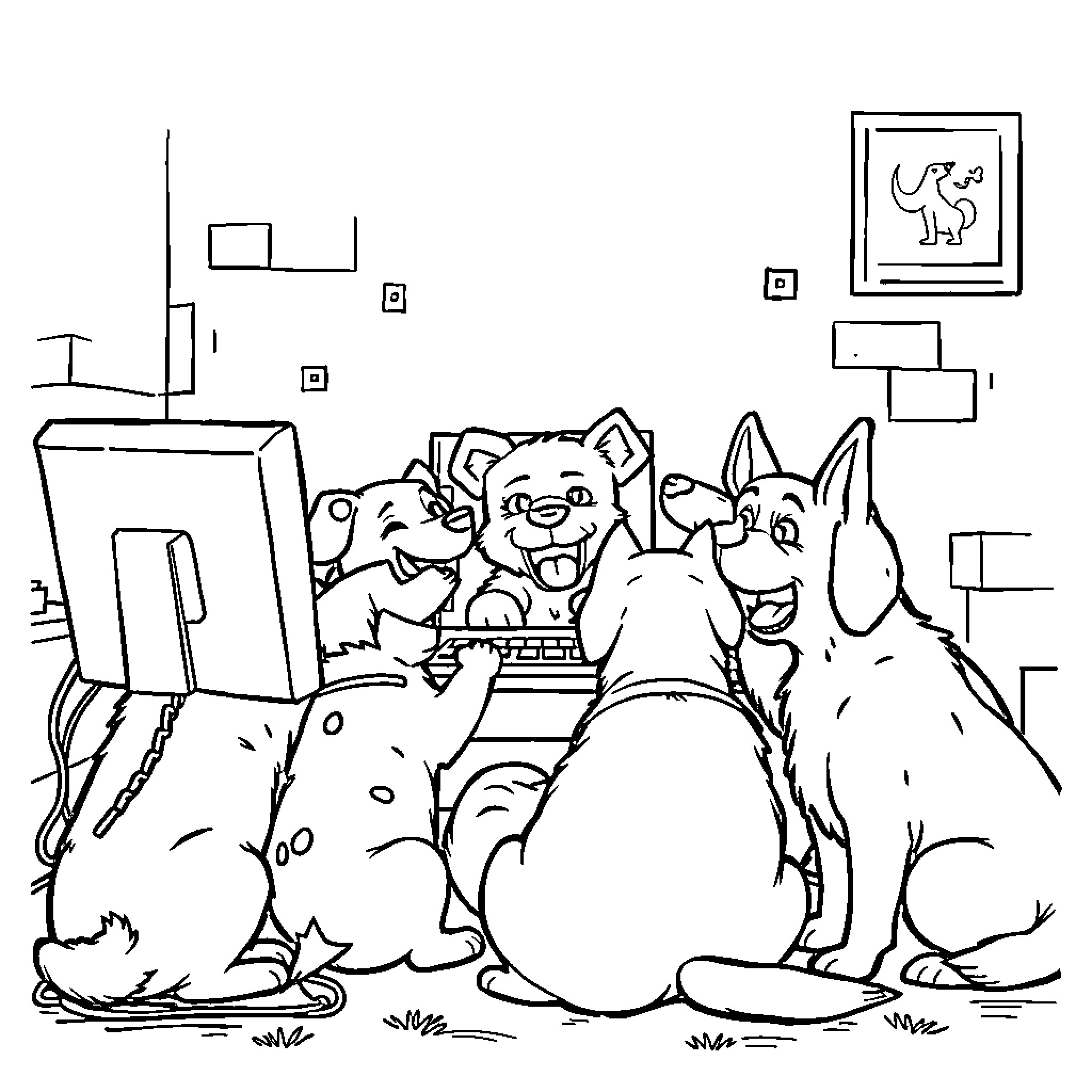Dogs relaxing together in a cozy home Coloring Page (free black-and-white line drawing printable PDF for all, from beginners to advanced learners, including children, teens, adults, and seniors)