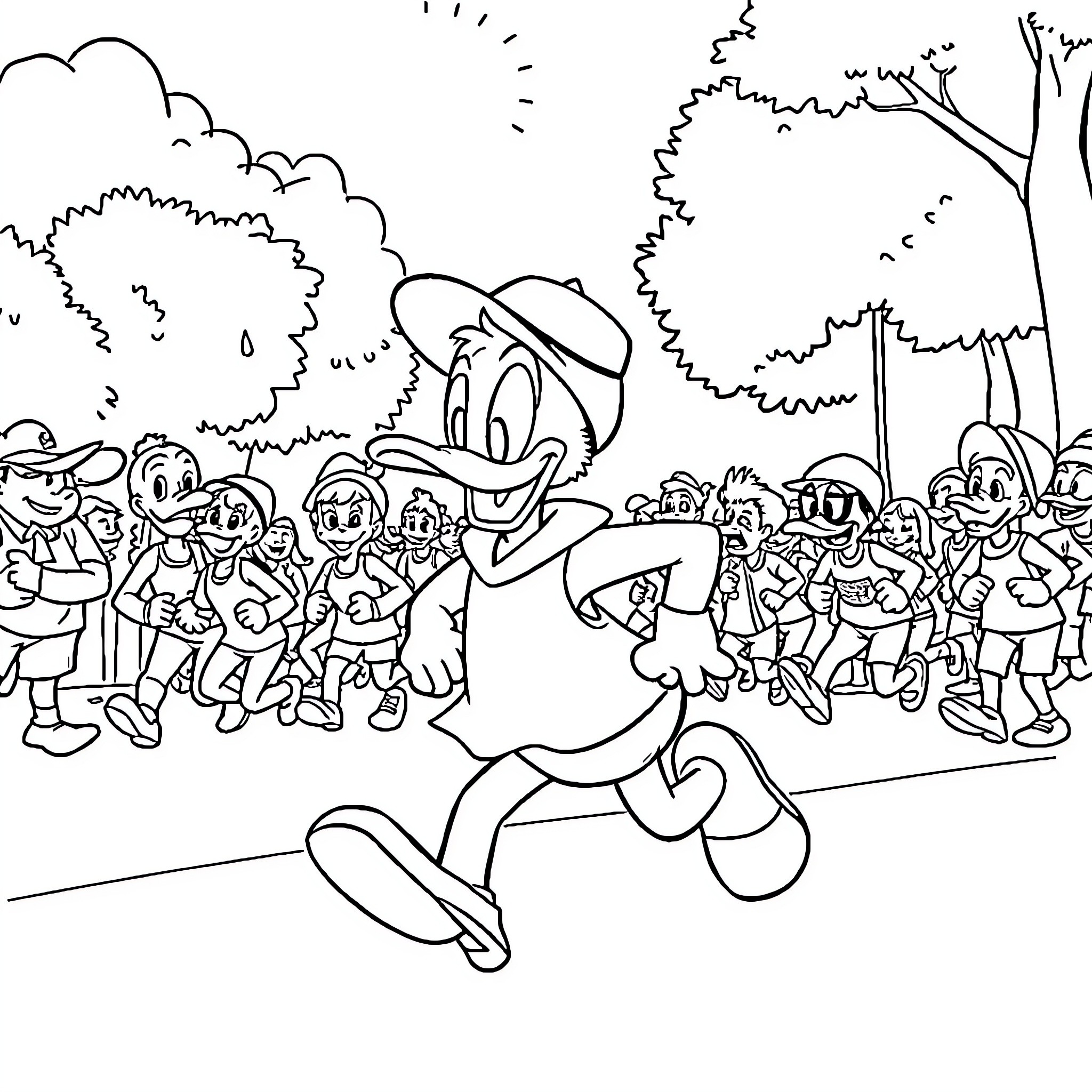 Donald Duck entertaining a crowd of children Coloring Page (free black-and-white line drawing printable PDF for all, from beginners to advanced learners, including children, teens, adults, and seniors)