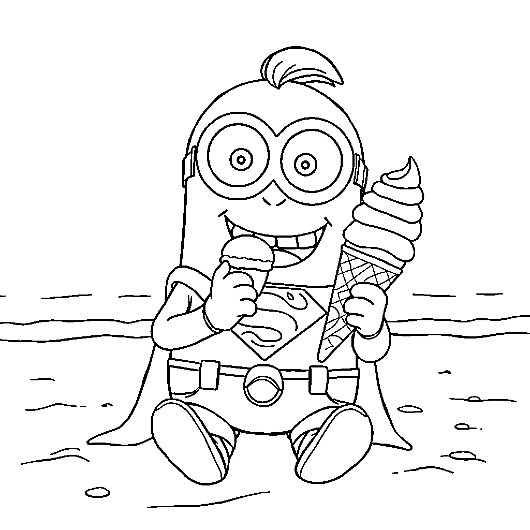 Minion enjoying ice cream on the beach Coloring Page (free black-and-white line drawing printable PDF for all, from beginners to advanced learners, including children, teens, adults, and seniors)