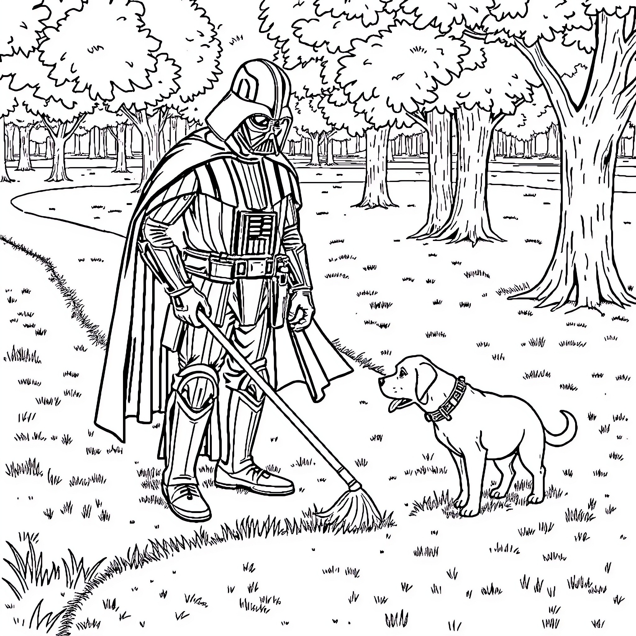 Darth Vader's Peaceful Stroll with a Canine Companion Coloring Page (free black-and-white line drawing printable PDF for all, from beginners to advanced learners, including children, teens, adults, and seniors)