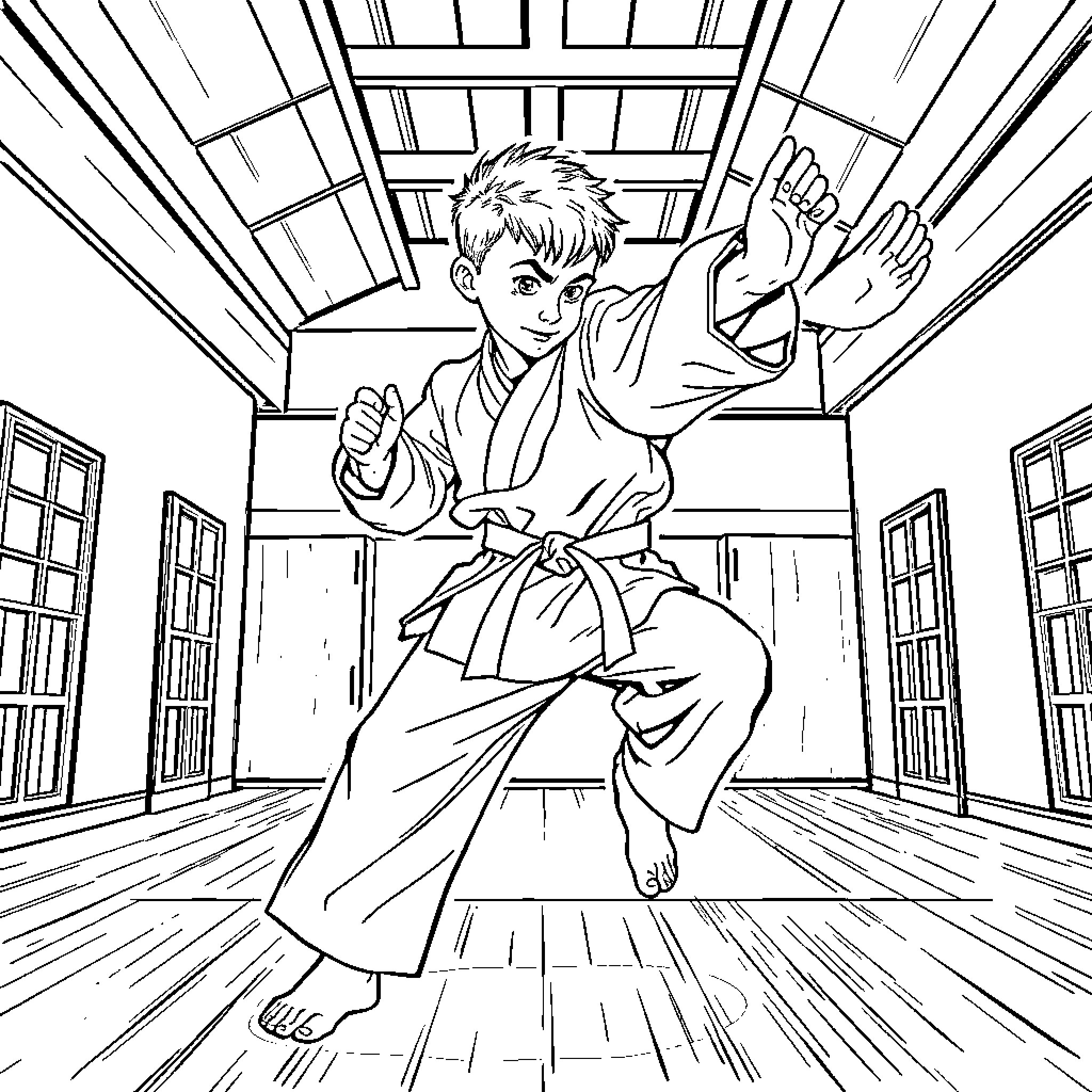 Karate Boy Performing Martial Arts Techniques in Dojo Coloring Page (free black-and-white line drawing printable PDF for all, from beginners to advanced learners, including children, teens, adults, and seniors)