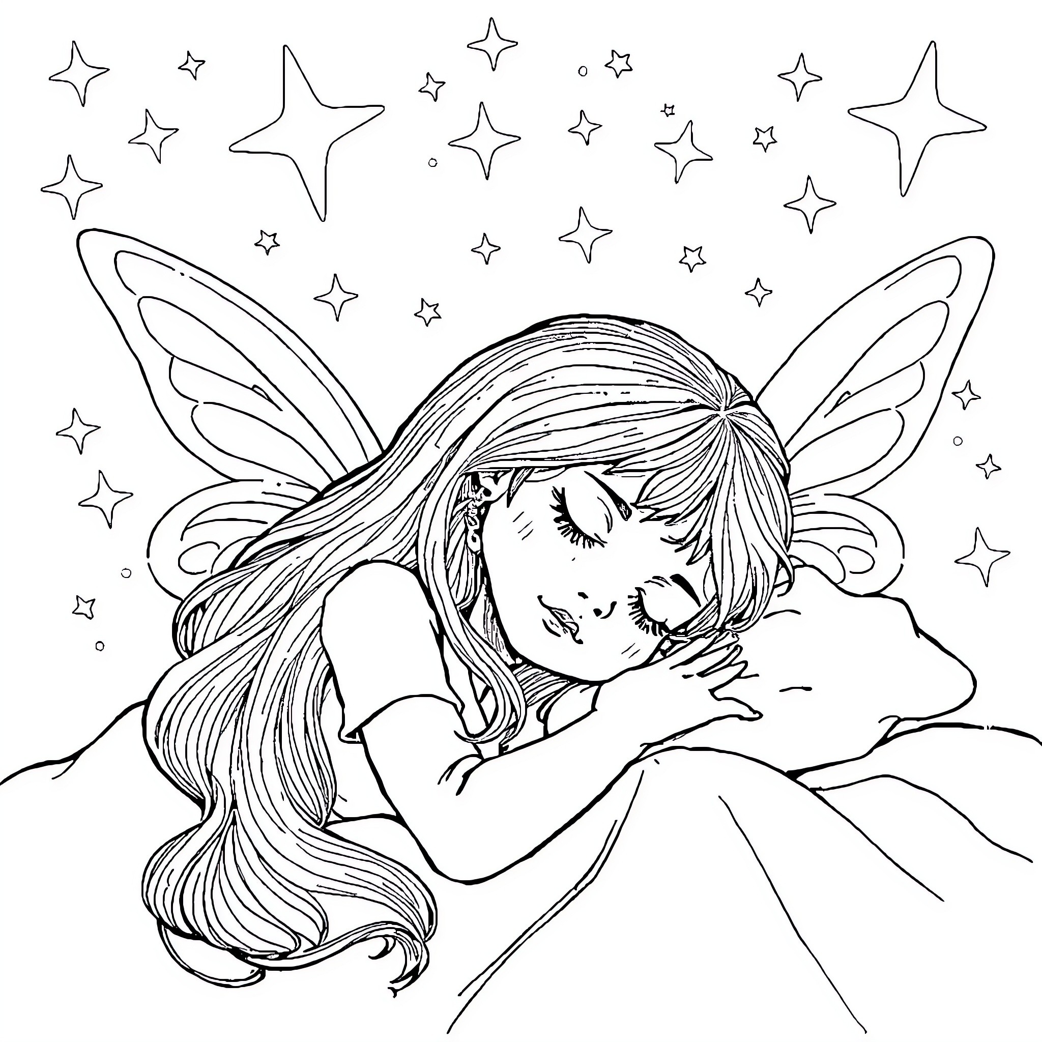 Girl Dreaming Among the Stars Coloring Page (free black-and-white line drawing printable PDF for all, from beginners to advanced learners, including children, teens, adults, and seniors)