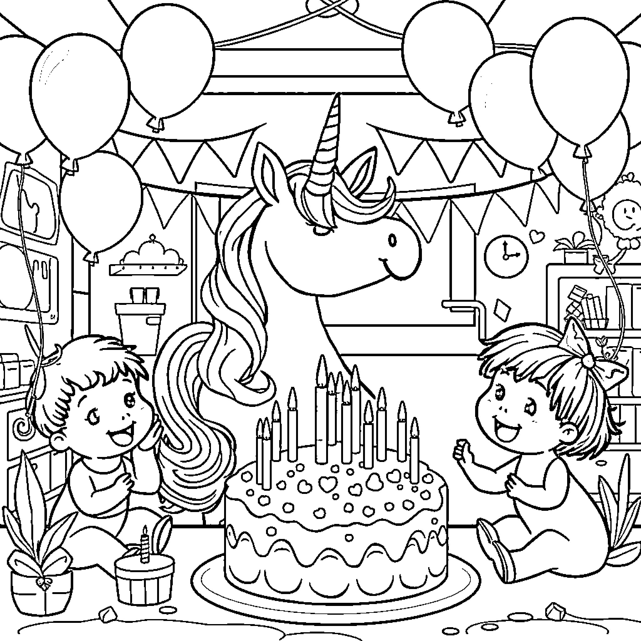 Unicorn's Birthday Party with Children Coloring Page (free black-and-white line drawing printable PDF for all, from beginners to advanced learners, including children, teens, adults, and seniors)