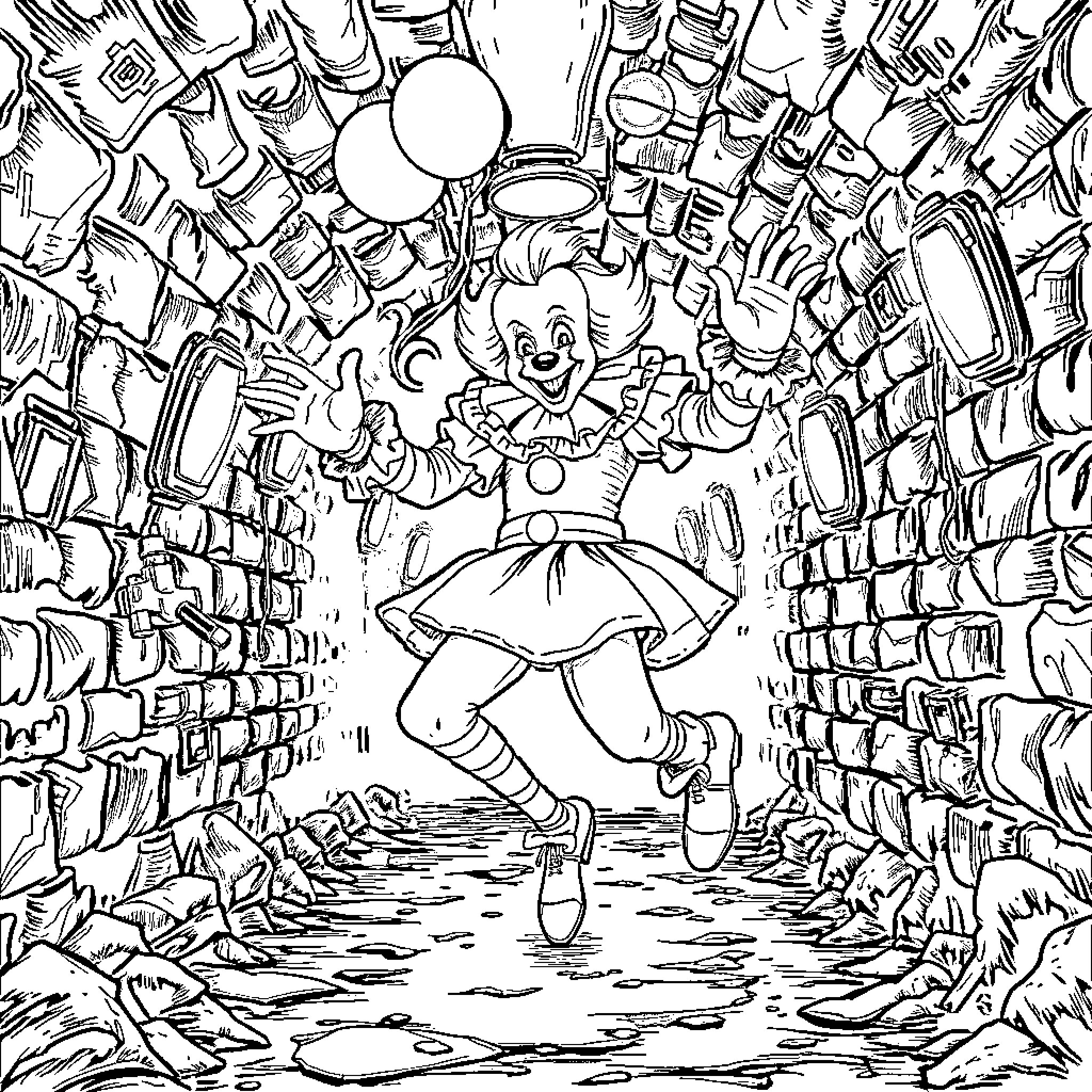 Pennywise the Clown in a Creepy Circus Scene Coloring Page (free black-and-white line drawing printable PDF for all, from beginners to advanced learners, including children, teens, adults, and seniors)