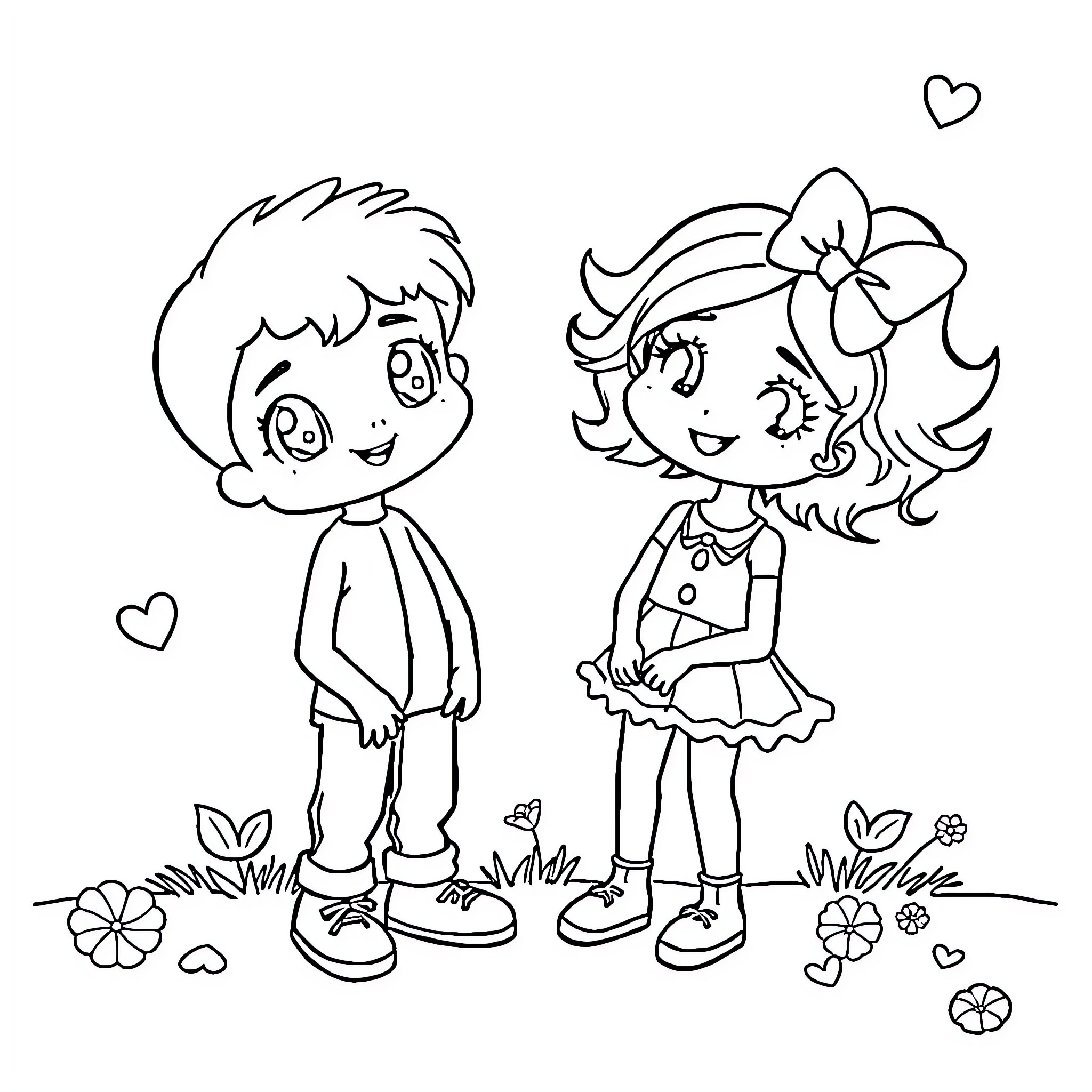 Kawaii Schoolchildren Playing in Nature Coloring Page (free black-and-white line drawing printable PDF for all, from beginners to advanced learners, including children, teens, adults, and seniors)
