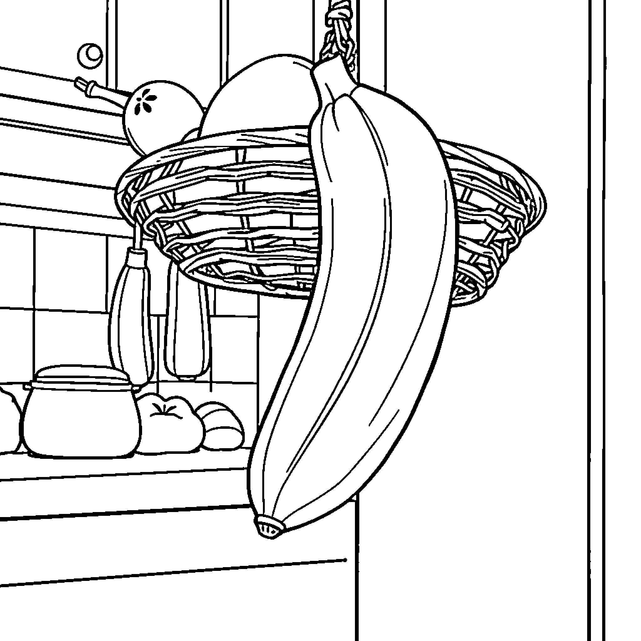 Banana Basket with Various Produce Coloring Page (free black-and-white line drawing printable PDF for all, from beginners to advanced learners, including children, teens, adults, and seniors)