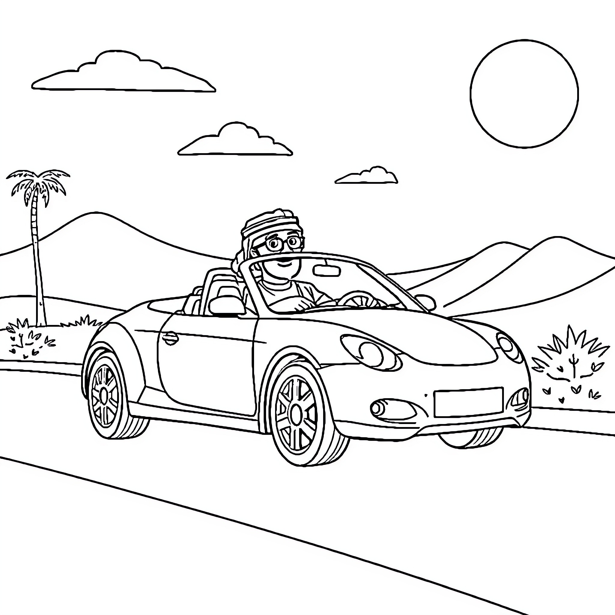 Saad Jerri's Joyful Road Trip Adventure Coloring Page (free black-and-white line drawing printable PDF for all, from beginners to advanced learners, including children, teens, adults, and seniors)