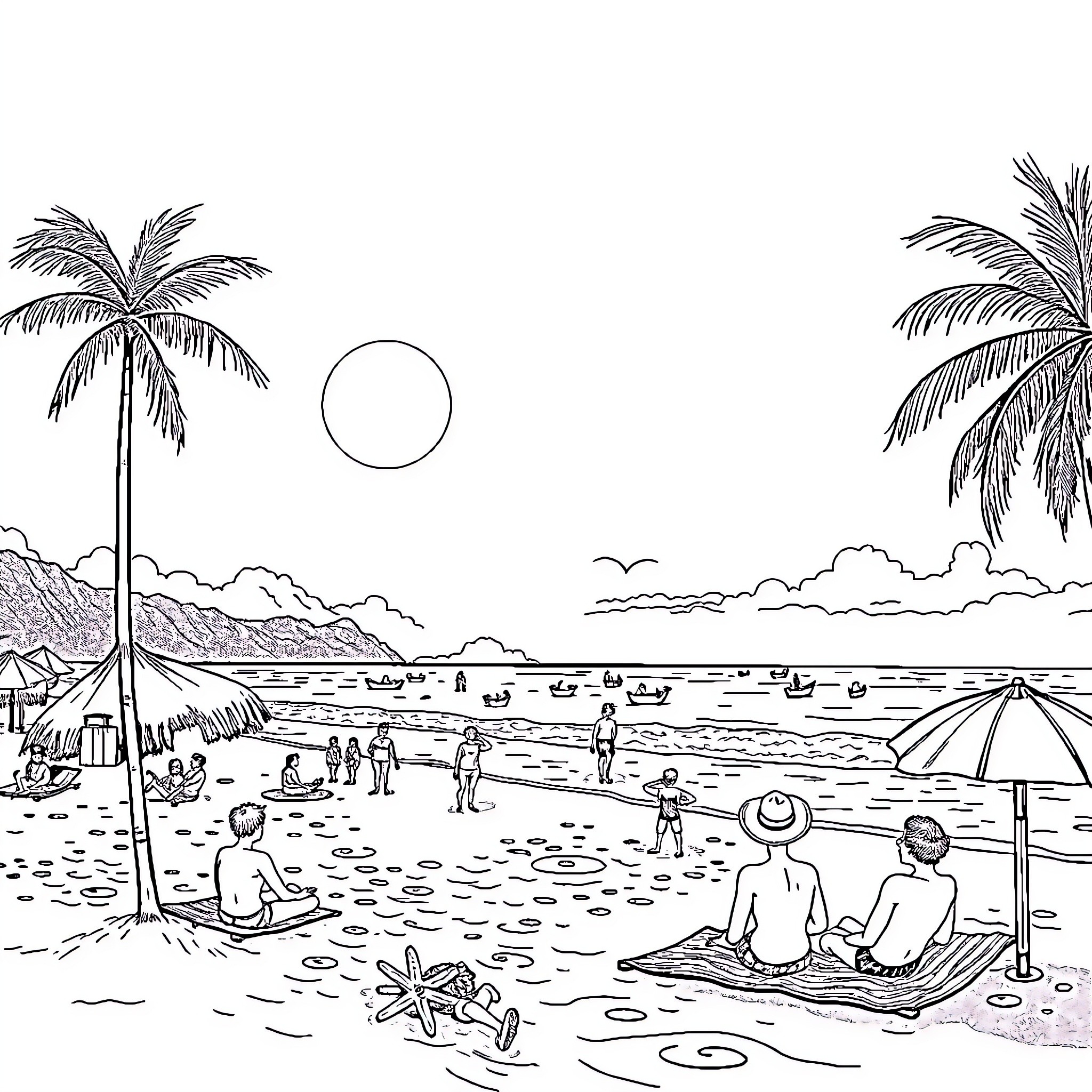 Summer beach scene with palm trees and beachgoers Coloring Page (free black-and-white line drawing printable PDF for all, from beginners to advanced learners, including children, teens, adults, and seniors)