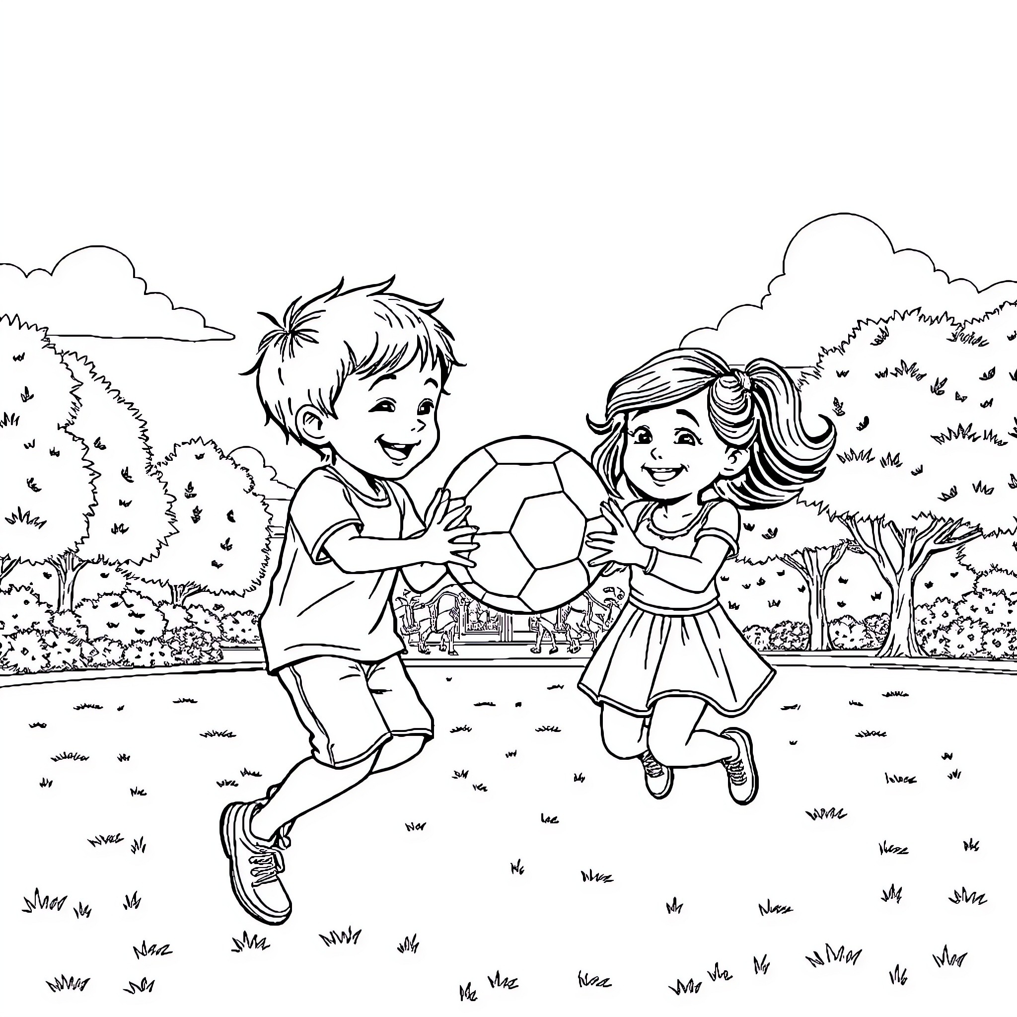 Child playing soccer with friend outdoors Coloring Page (free black-and-white line drawing printable PDF for all, from beginners to advanced learners, including children, teens, adults, and seniors)