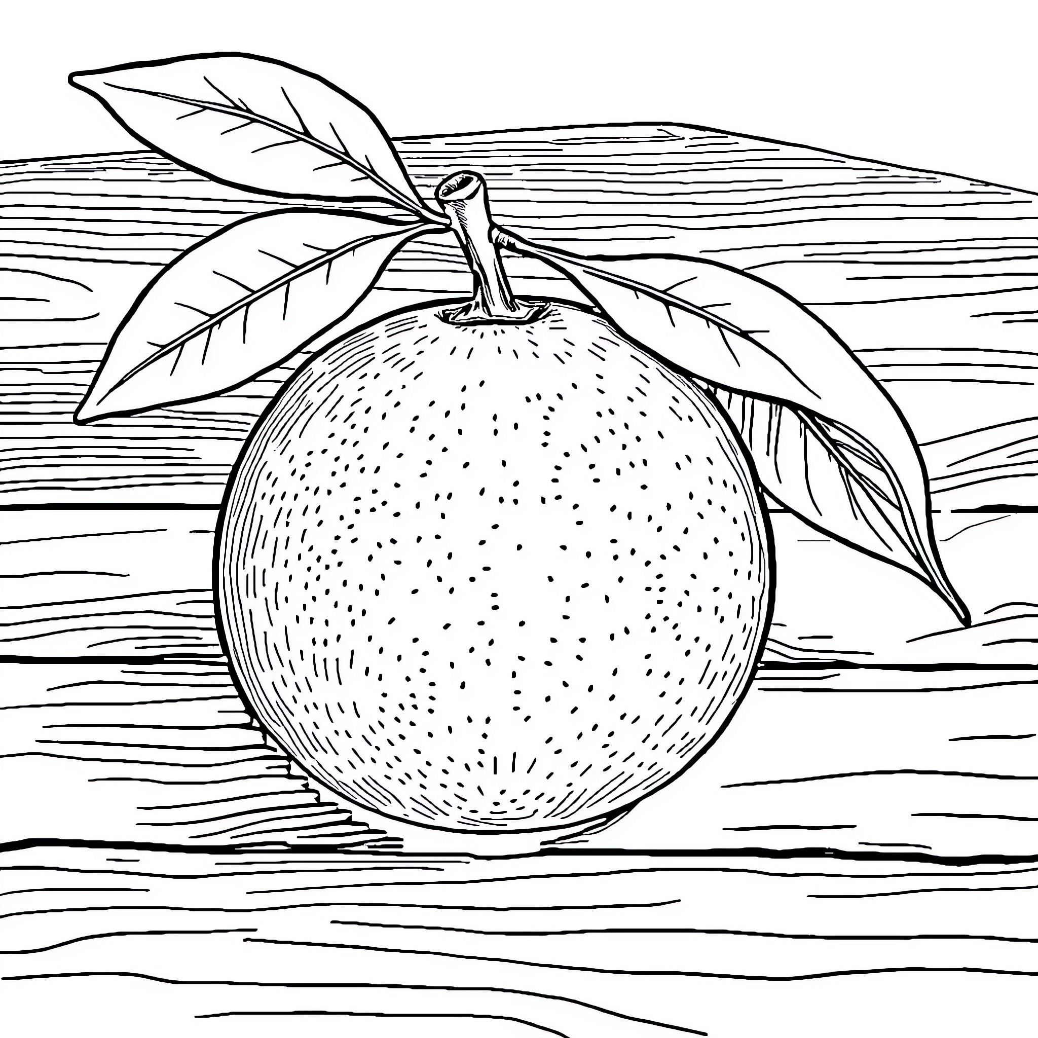 Orange Citrus Fruit on Wooden Surface Coloring Page (free black-and-white line drawing printable PDF for all, from beginners to advanced learners, including children, teens, adults, and seniors)