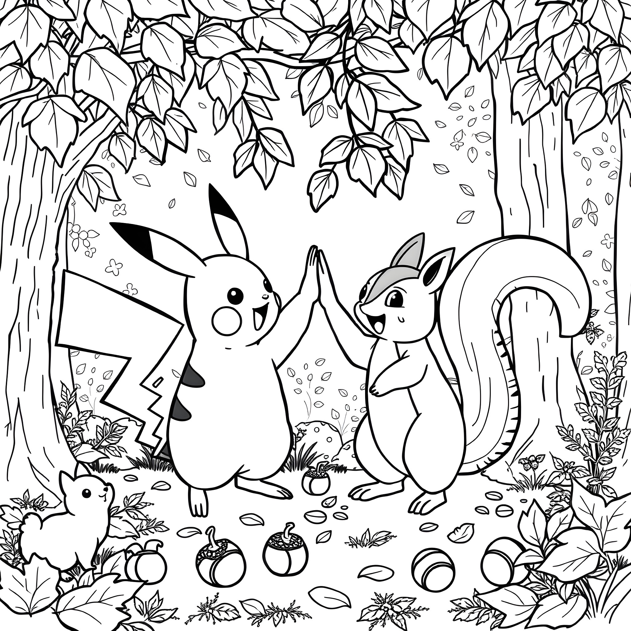 Pikachu and friends exploring the forest Coloring Page (free black-and-white line drawing printable PDF for all, from beginners to advanced learners, including children, teens, adults, and seniors)
