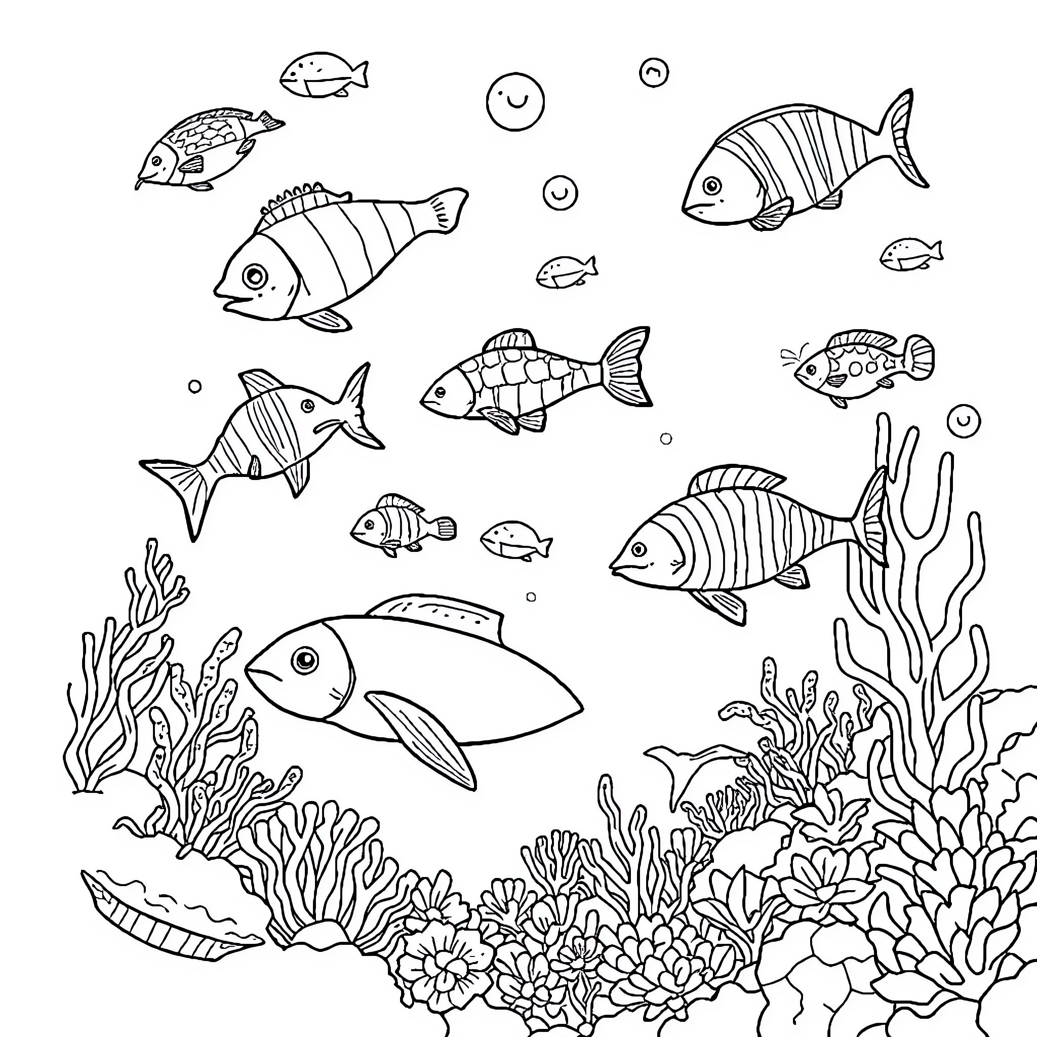 Ocean Creature Underwater Scene with Various Fish Coloring Page (free black-and-white line drawing printable PDF for all, from beginners to advanced learners, including children, teens, adults, and seniors)