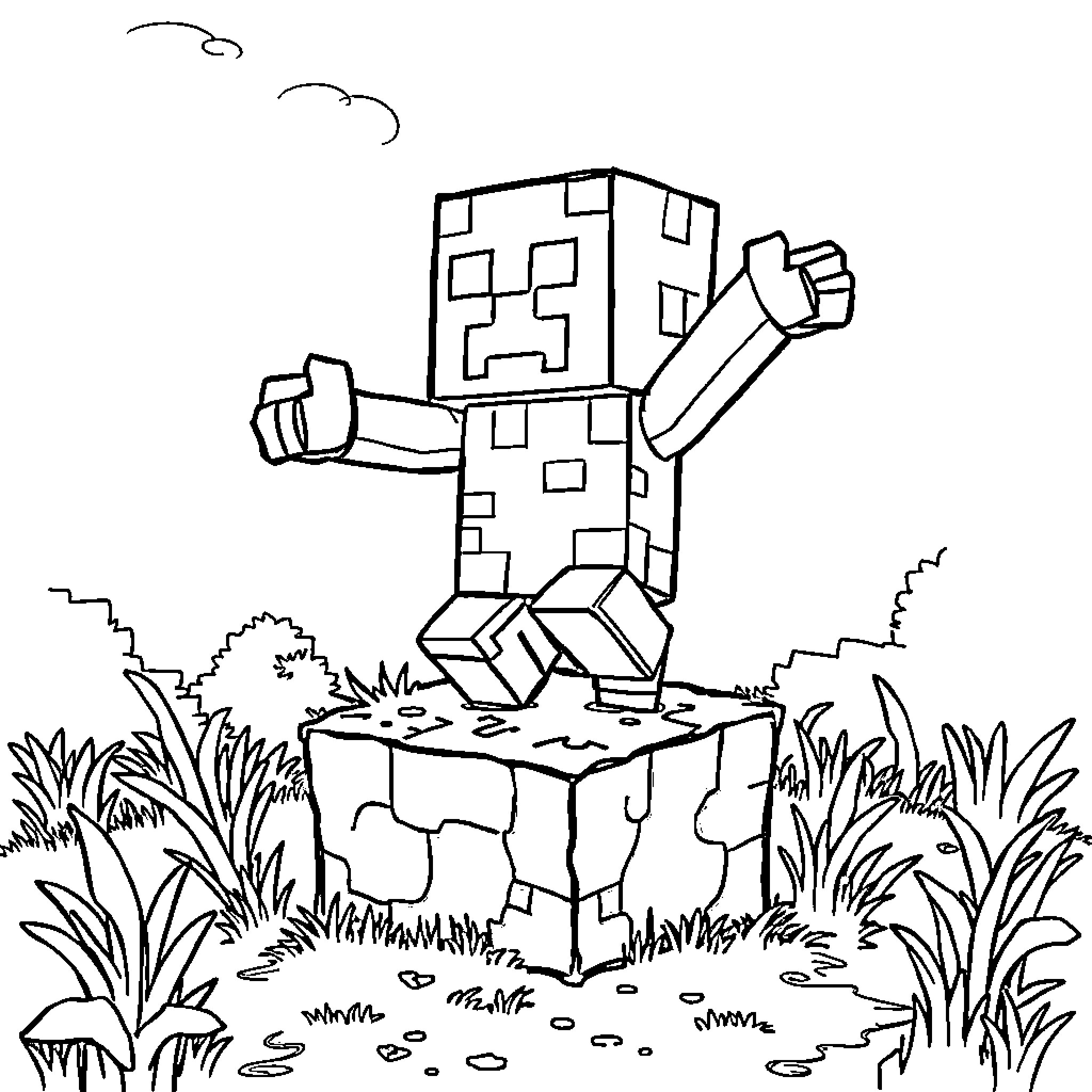 Creeper exploring outdoorsy terrain with pixelated features Coloring Page (free black-and-white line drawing printable PDF for all, from beginners to advanced learners, including children, teens, adults, and seniors)