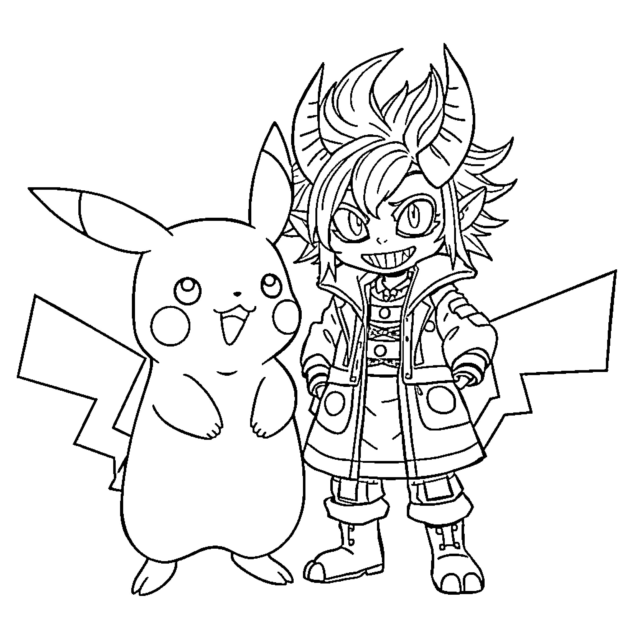 Pikachu and Cartoon Character Coloring Page Coloring Page (free black-and-white line drawing printable PDF for all, from beginners to advanced learners, including children, teens, adults, and seniors)