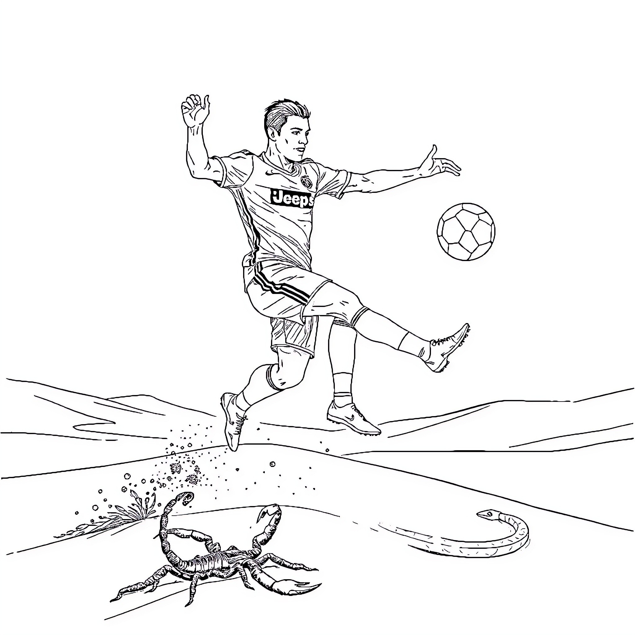 Cristiano Ronaldo kicking soccer ball on beach with scorpion Coloring Page (free black-and-white line drawing printable PDF for all, from beginners to advanced learners, including children, teens, adults, and seniors)