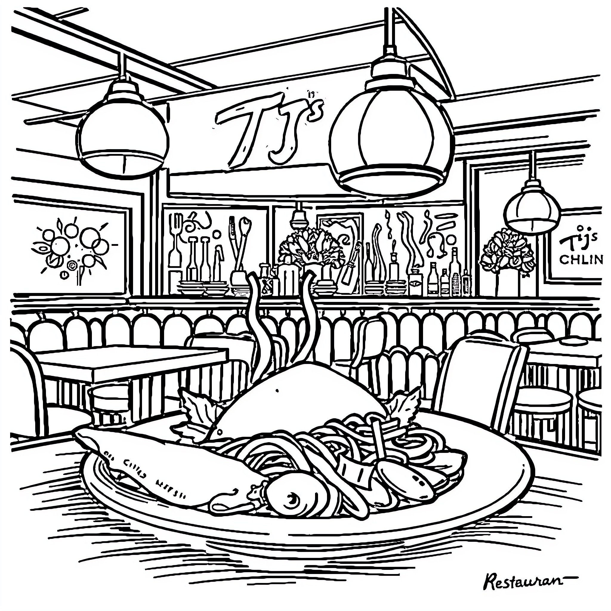 Chef preparing delicious meal in restaurant Coloring Page (free black-and-white line drawing printable PDF for all, from beginners to advanced learners, including children, teens, adults, and seniors)