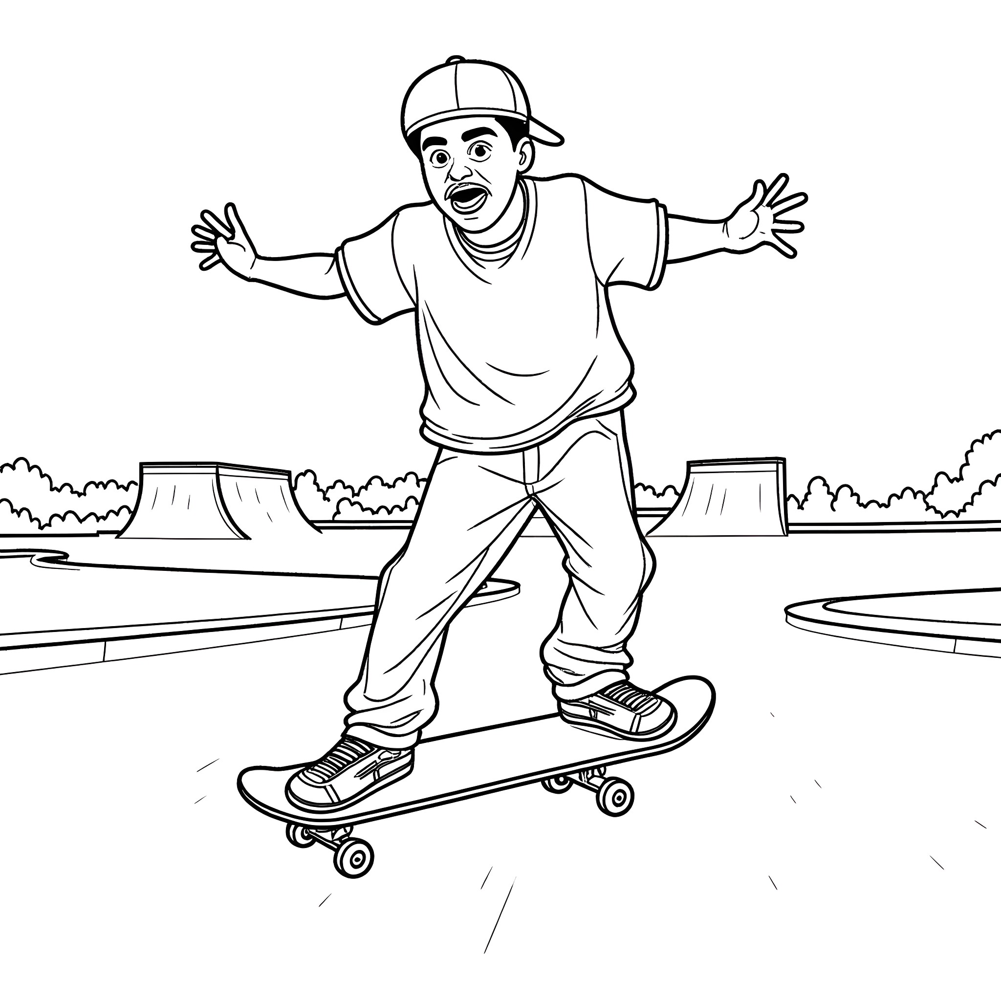 Jelly Roll Skateboarding with Excitement Coloring Page (free black-and-white line drawing printable PDF for all, from beginners to advanced learners, including children, teens, adults, and seniors)