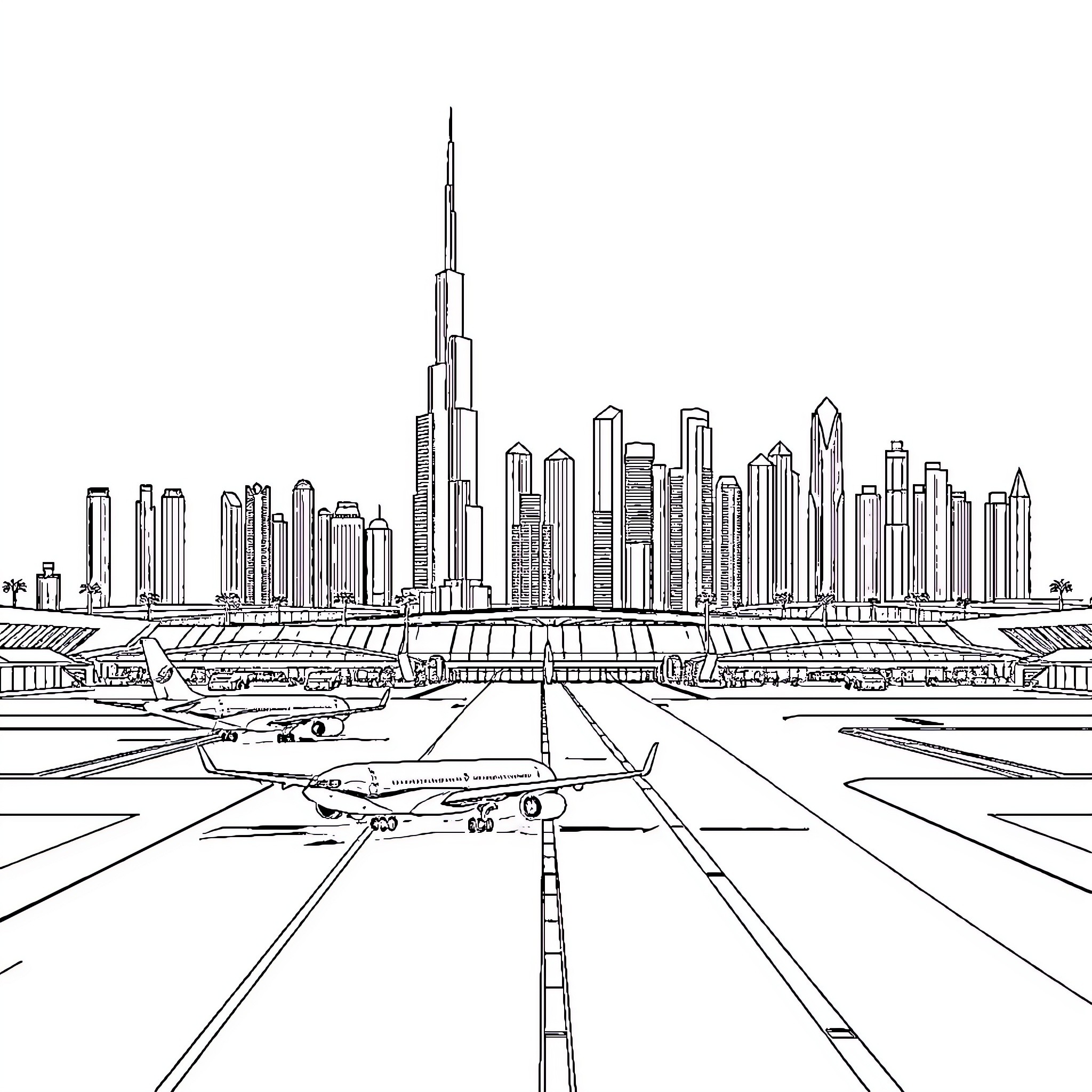 Airport with Iconic Skyscrapers and Airplanes Coloring Page (free black-and-white line drawing printable PDF for all, from beginners to advanced learners, including children, teens, adults, and seniors)