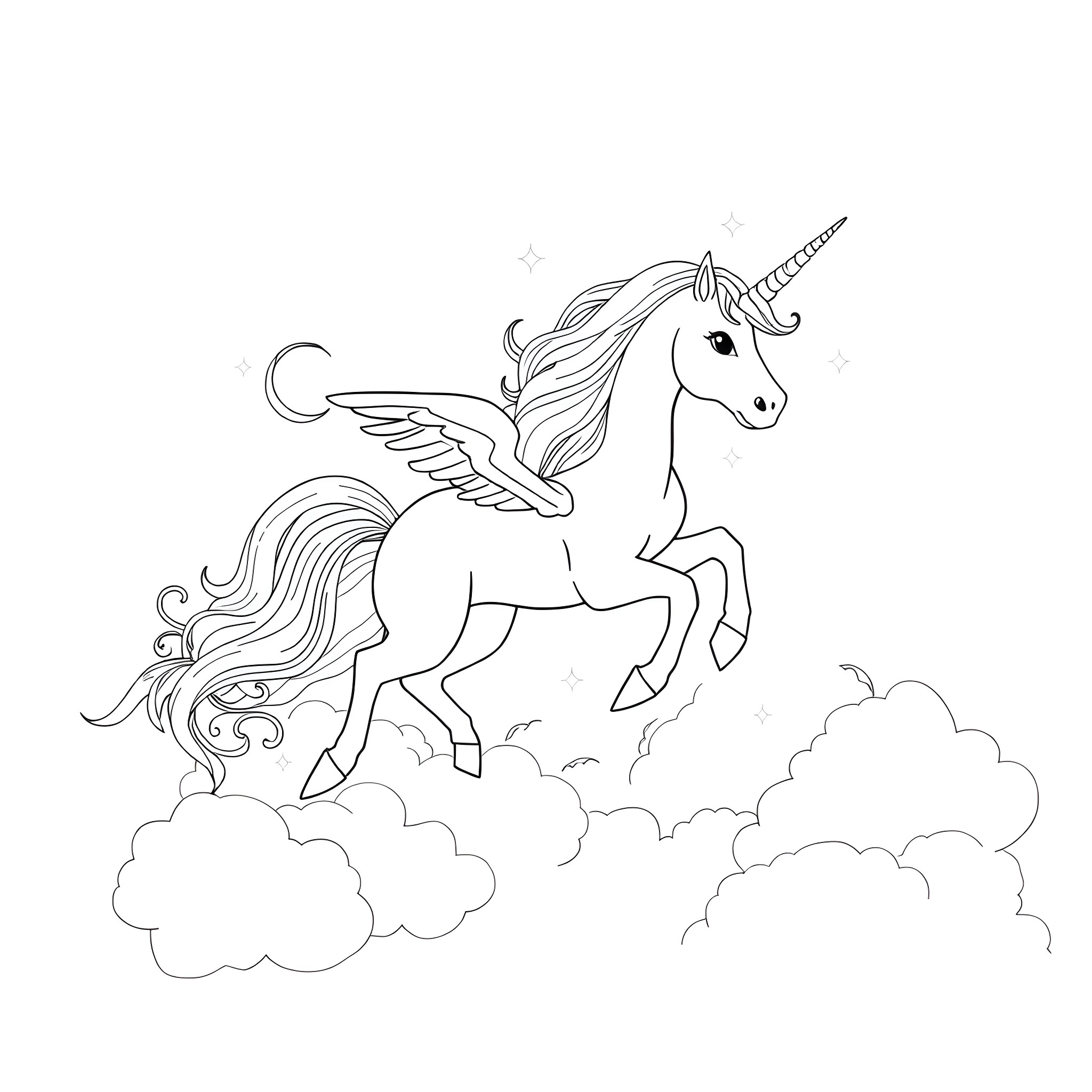 Alicorn soaring through the clouds Coloring Page (free black-and-white line drawing printable PDF for all, from beginners to advanced learners, including children, teens, adults, and seniors)