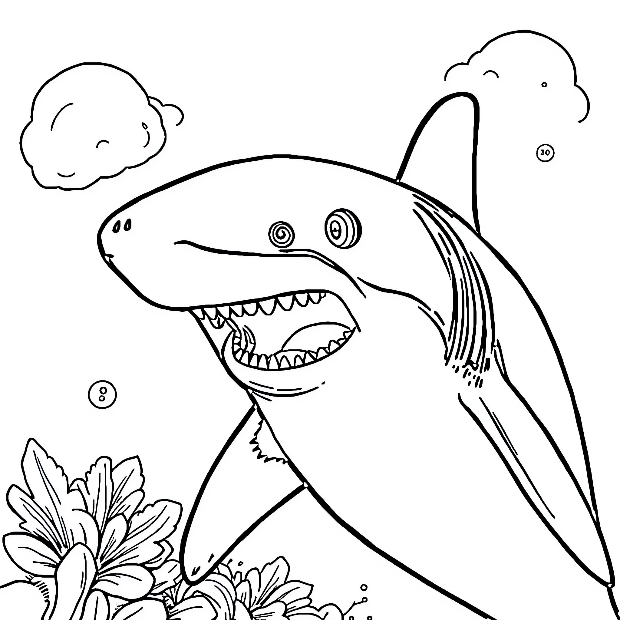 Shark surrounded by flowers and bubbles Coloring Page (free black-and-white line drawing printable PDF for all, from beginners to advanced learners, including children, teens, adults, and seniors)
